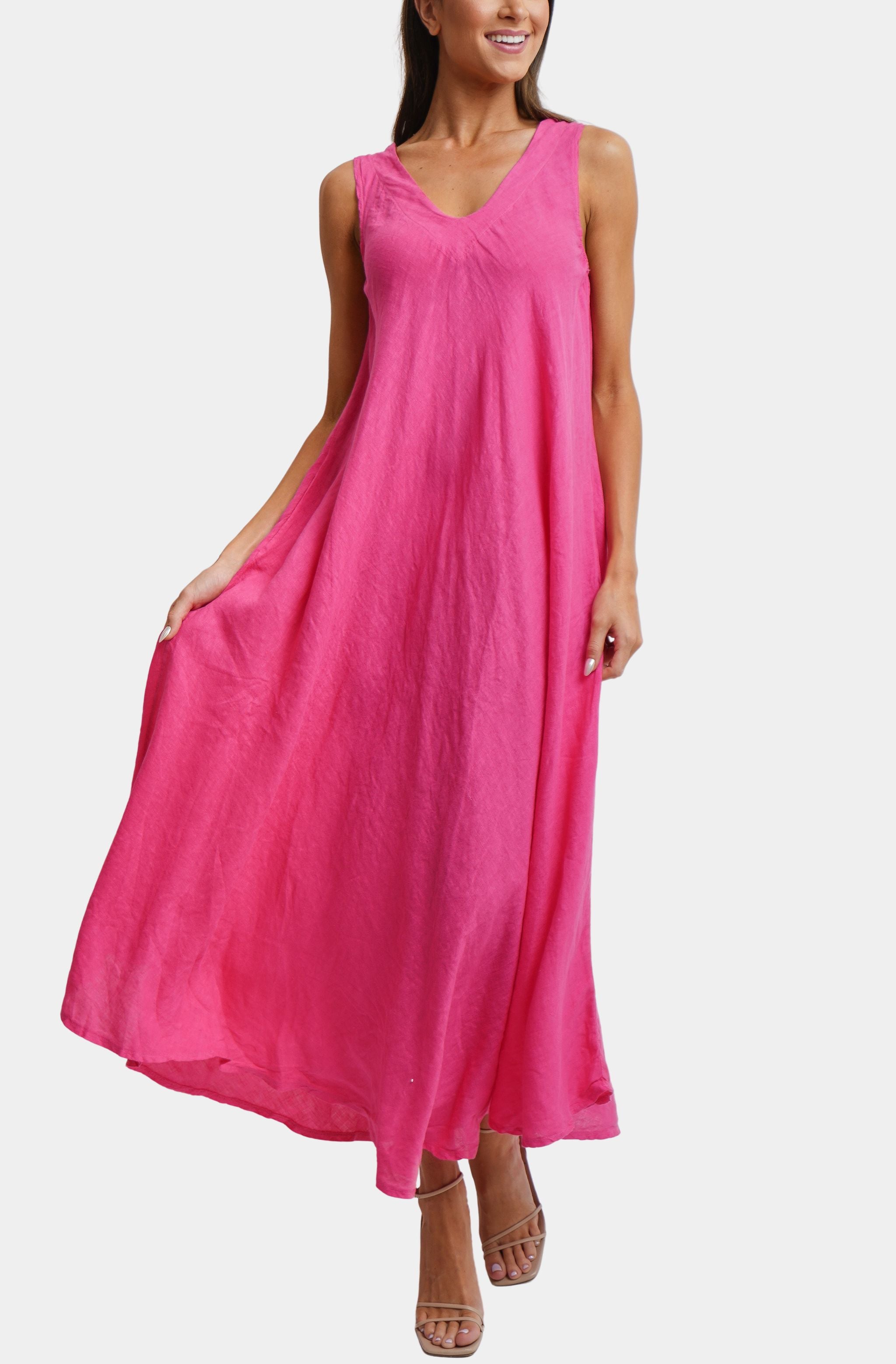 knee length dresses for ladies Linen V-Neck/Back Maxi Tank Dress With Pockets – HEMLINE French Quarter