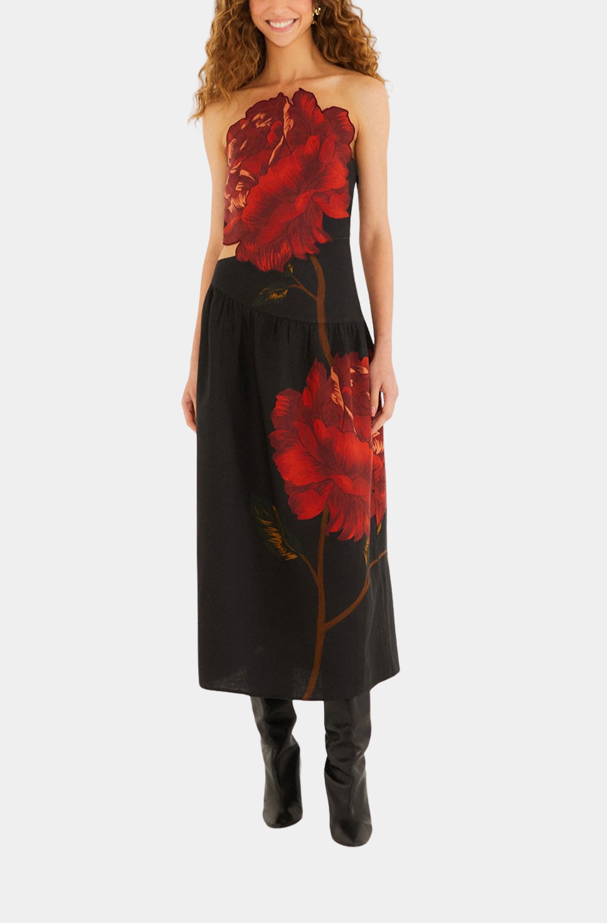 Rosalia Placed Black Artisanal Strapless Midi Dress HEMLINE French Quarter Rosalia Placed Black Artisanal Strapless Midi Dress HEMLINE French Quarter