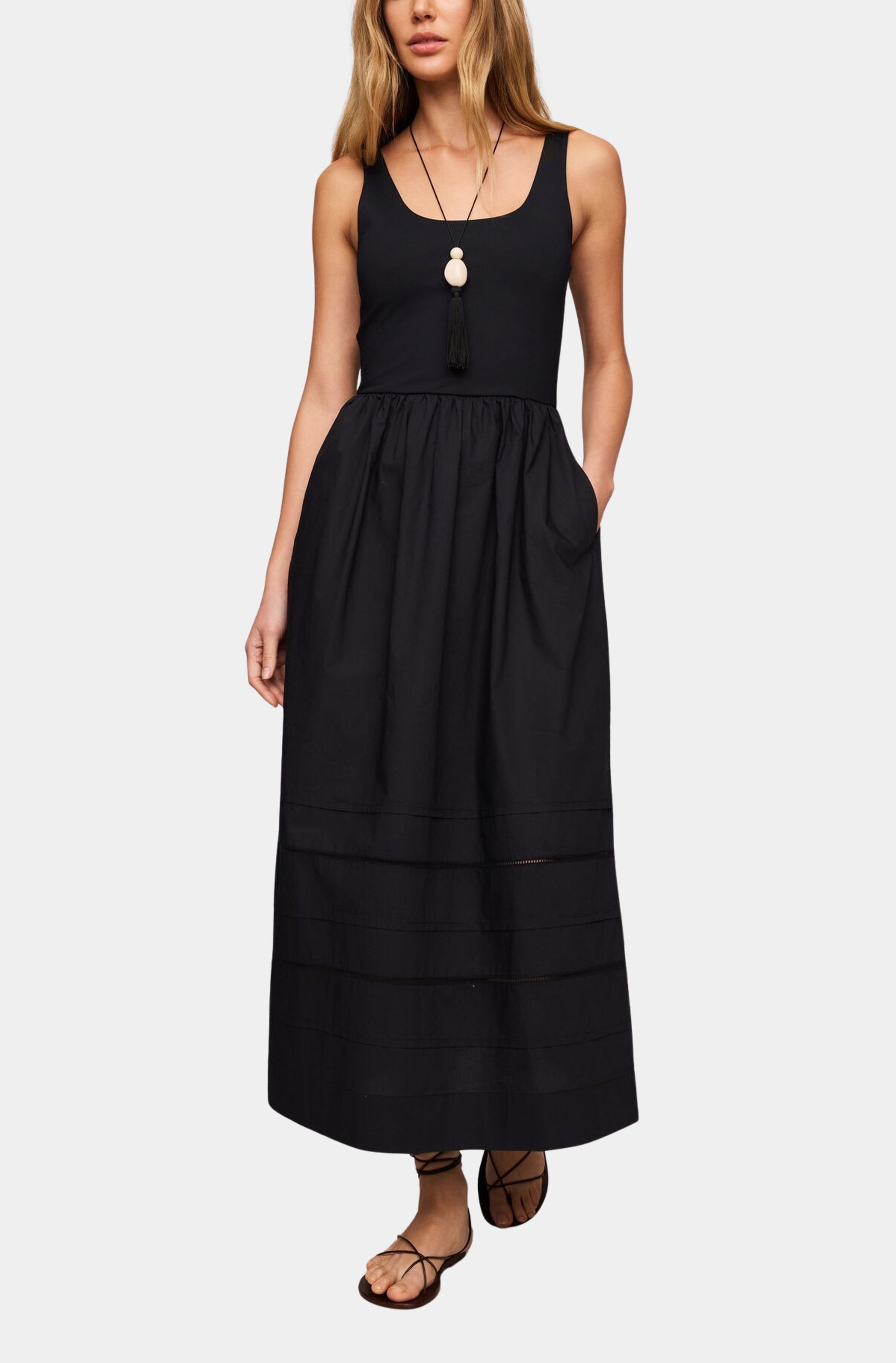 jina pleat waist midi dress Johanna Pleated Twill Midi Dress in Brown