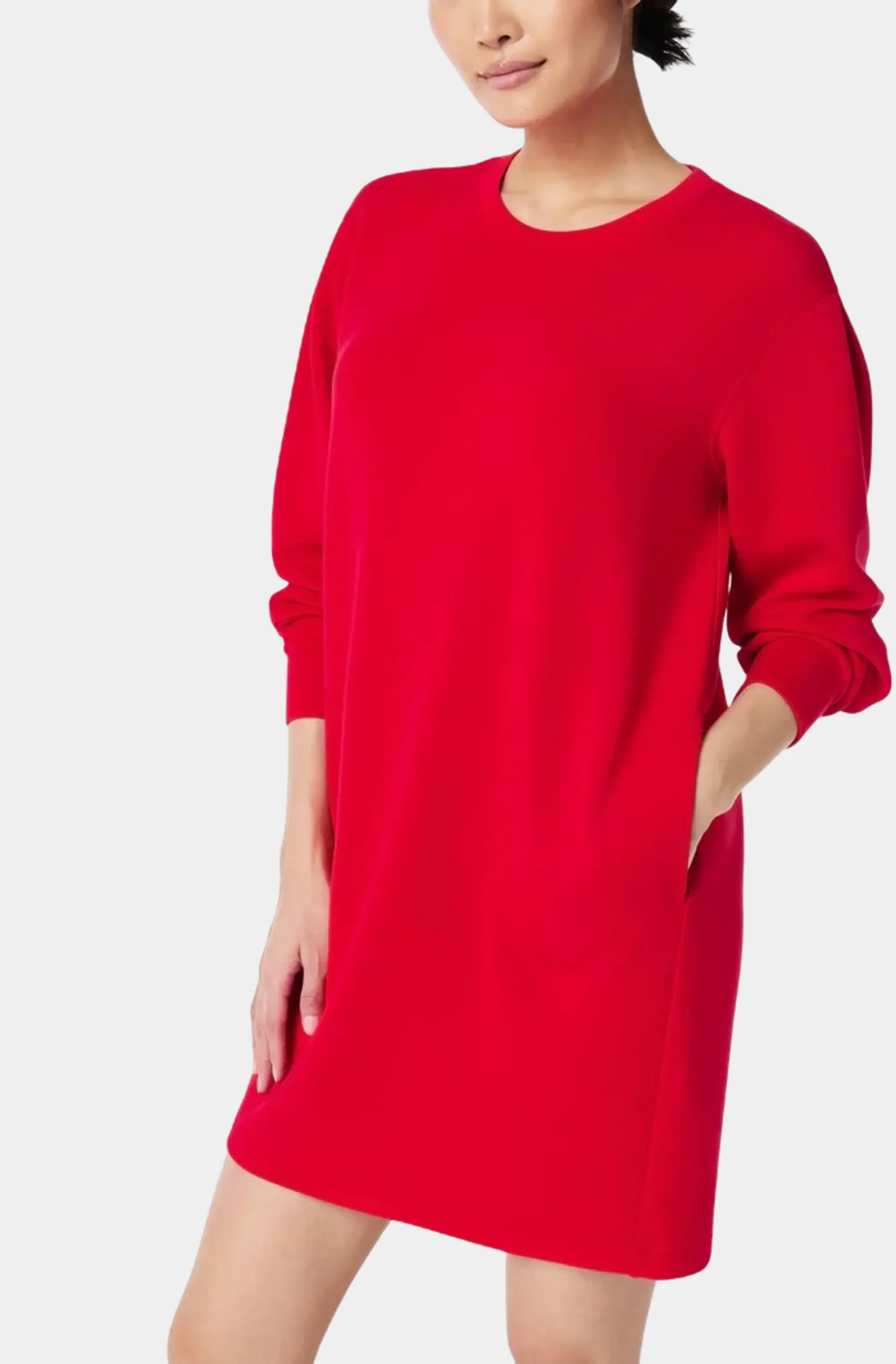 Red crew neck dress with long sleeves and pockets