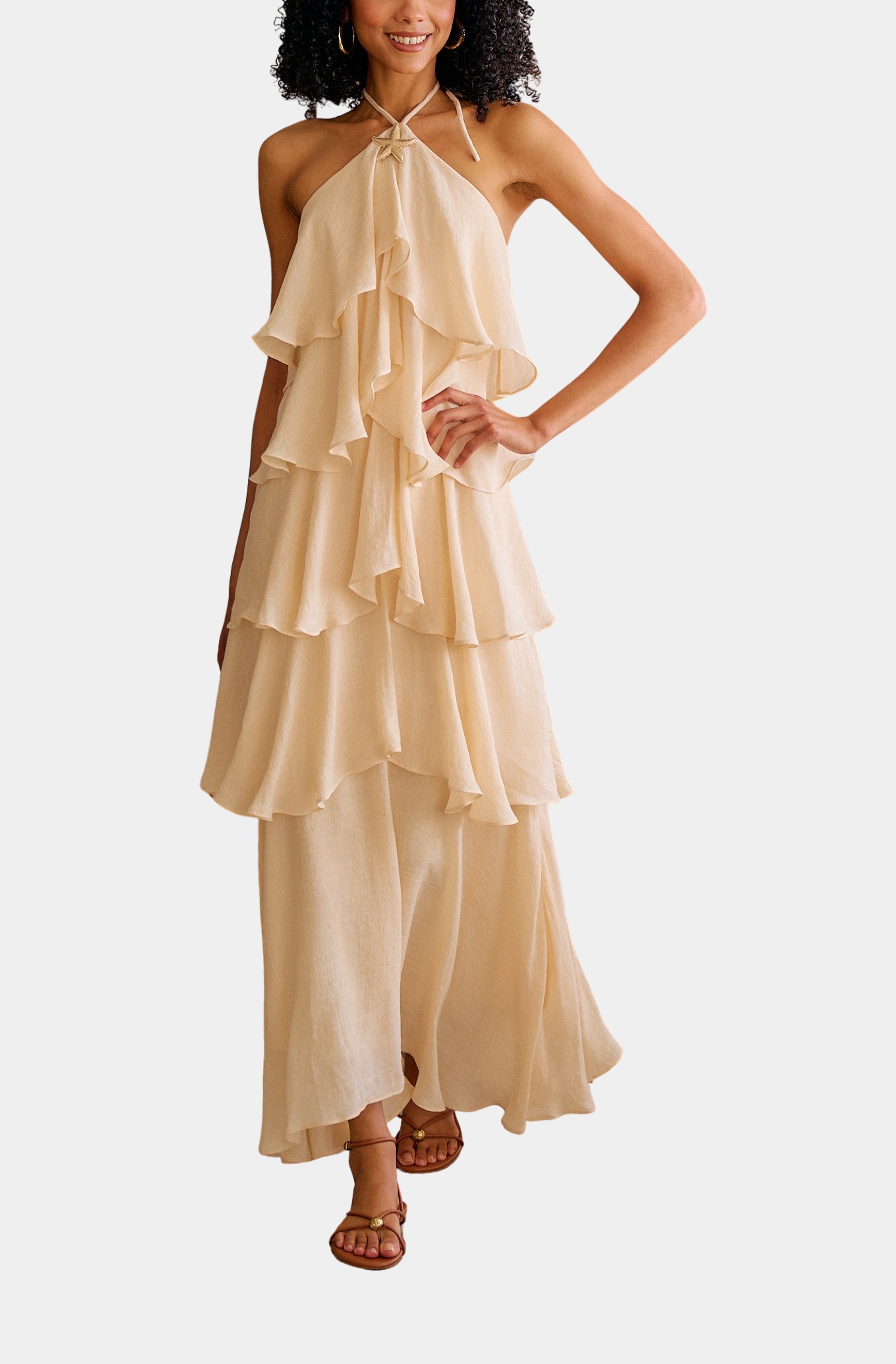 beige maxi dress amazon Reem Acra Silk Maxi Dress Beige Embroidery Strapless Size 46 FR
