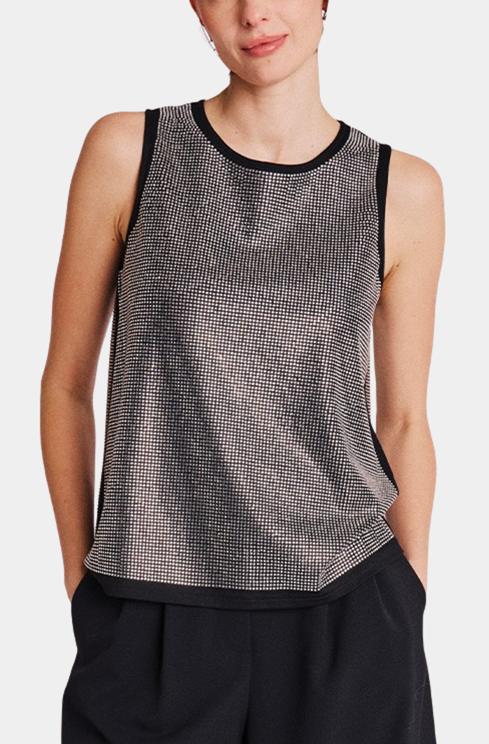 Round neck tank with strass embellishments, front view