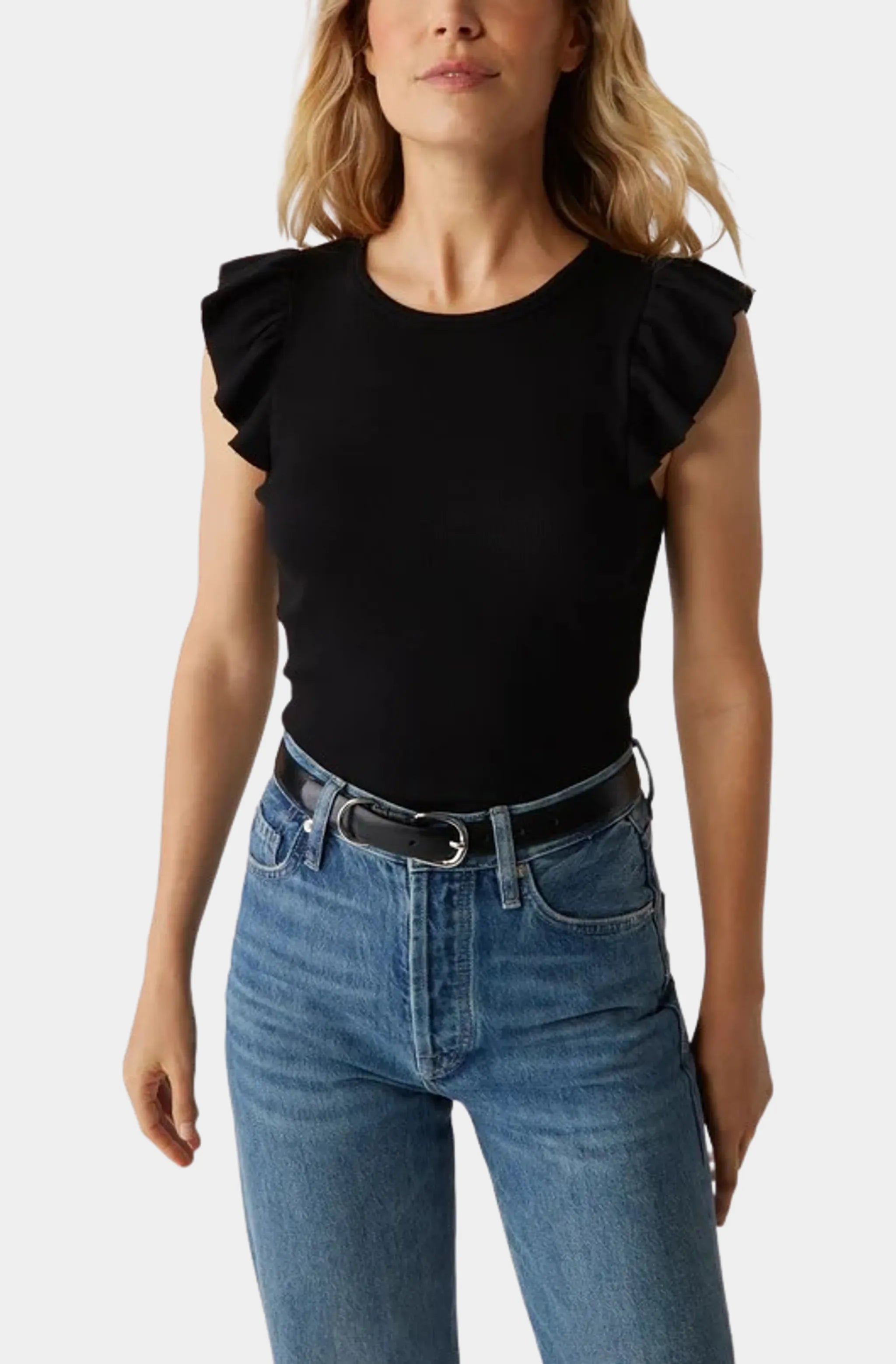 Rina Flutter Sleeve Top in black, front view