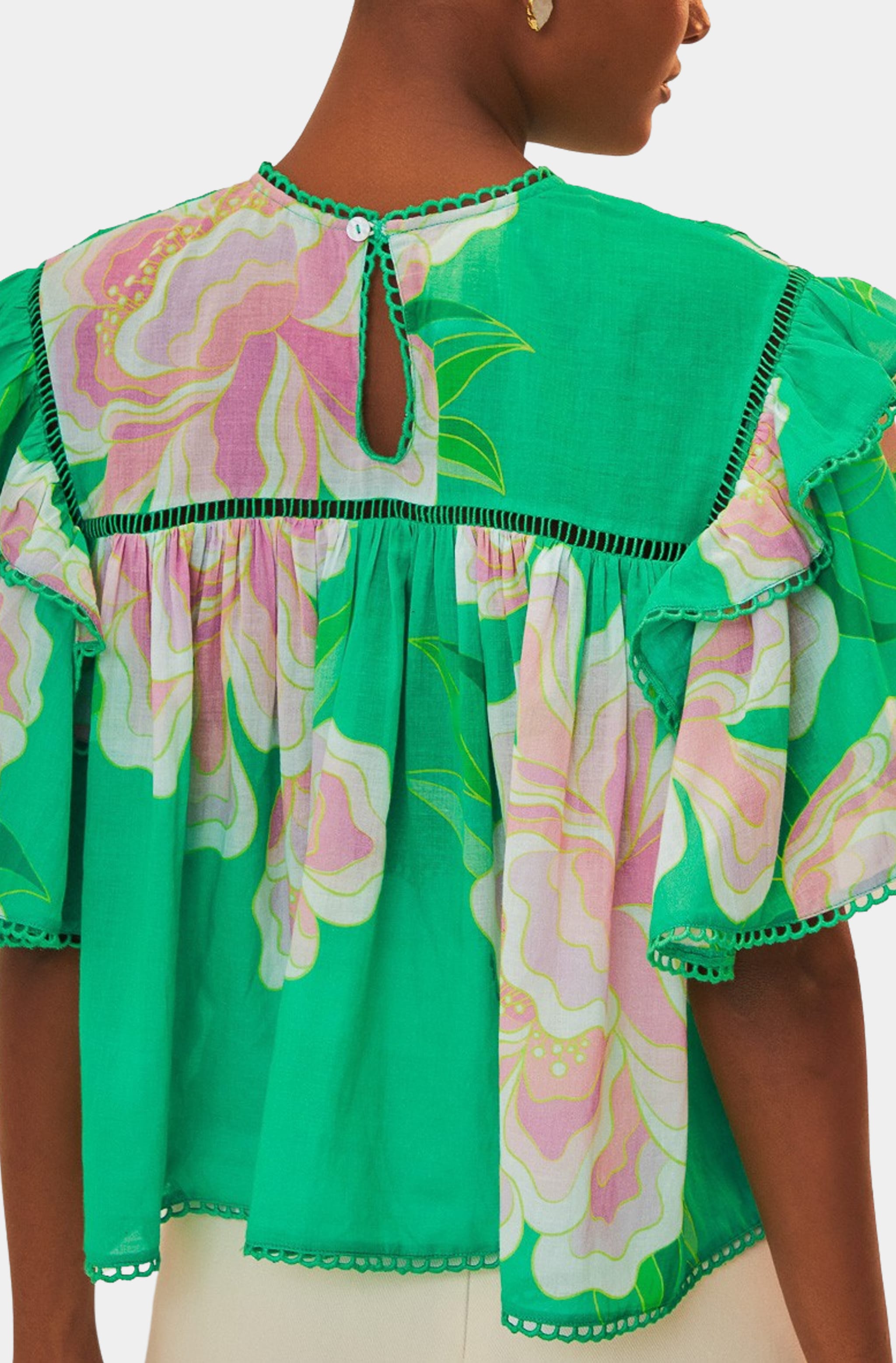 Back view of green blouse with floral pattern