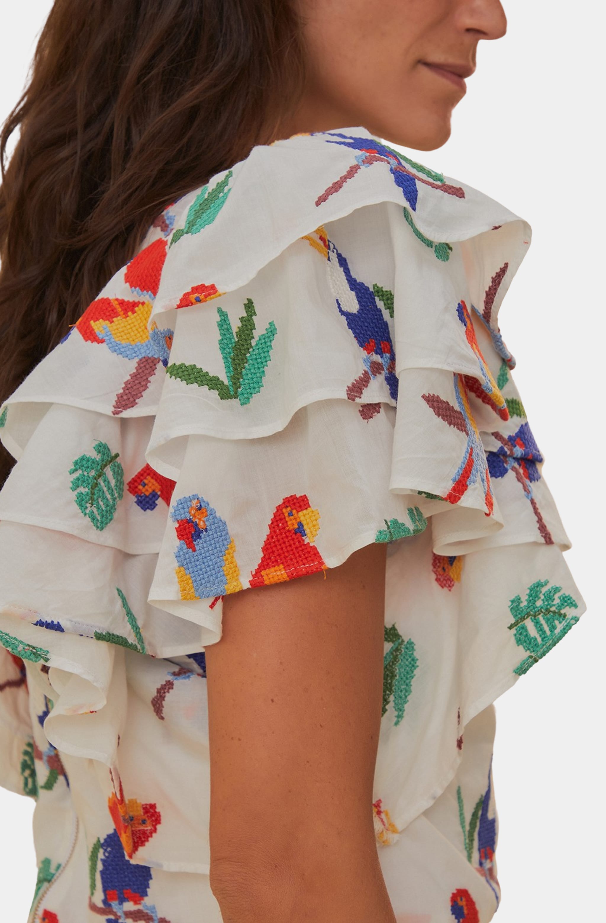 Off-White Stitched Birds Blouse Short Sleeve Top