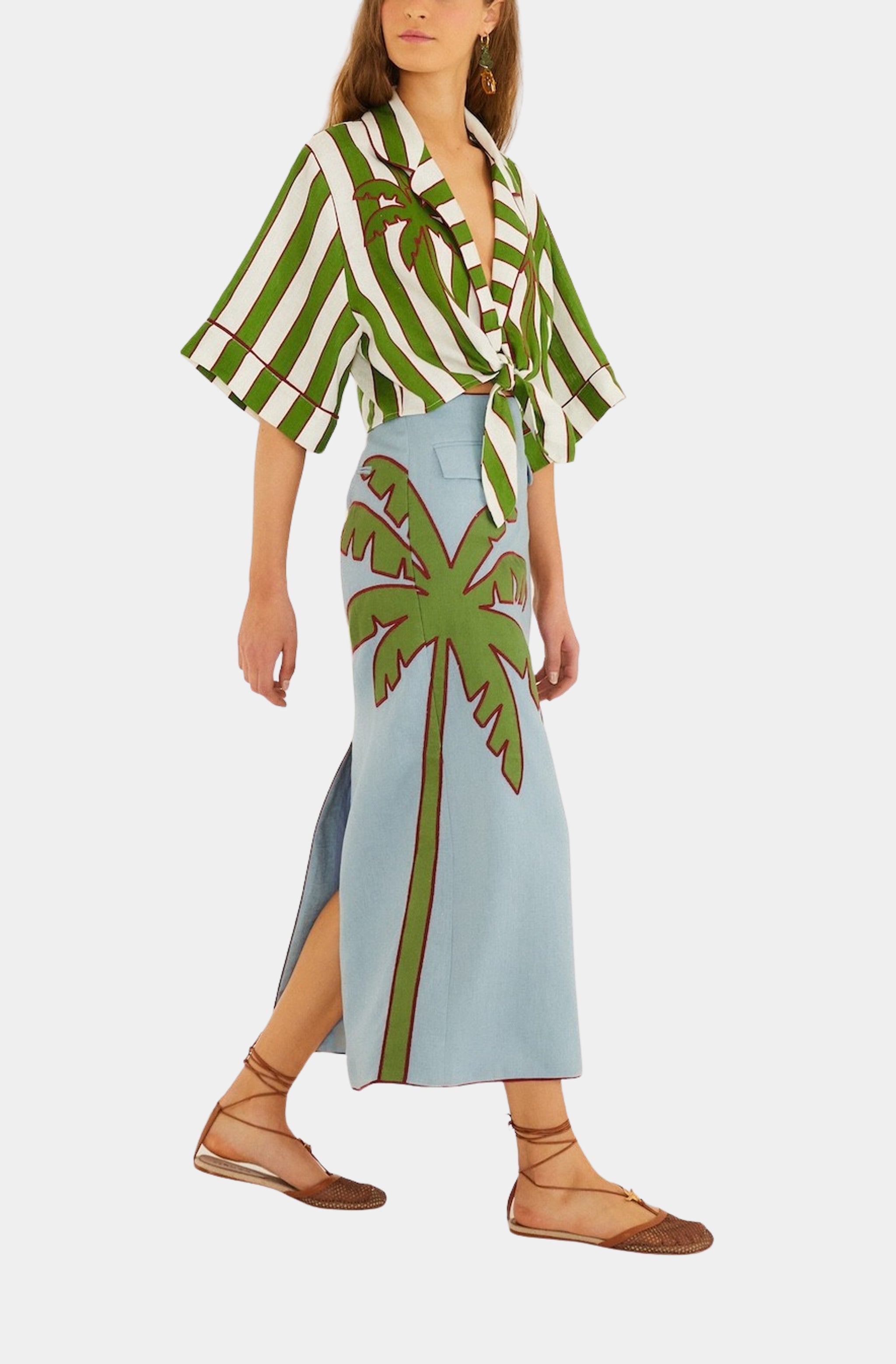 Blue Embroidered Palm Tree Maxi Skirt