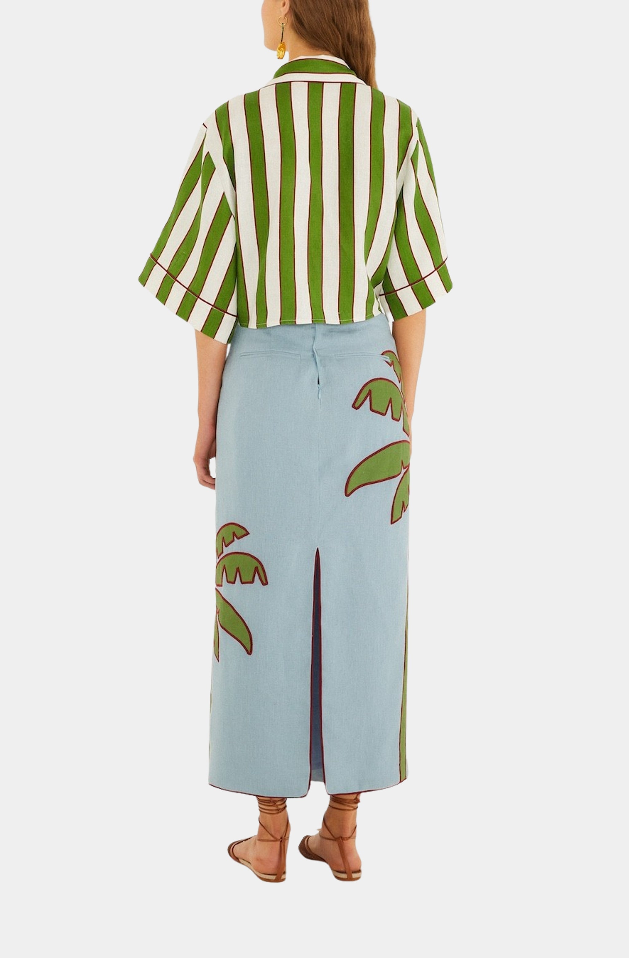 Blue Embroidered Palm Tree Maxi Skirt