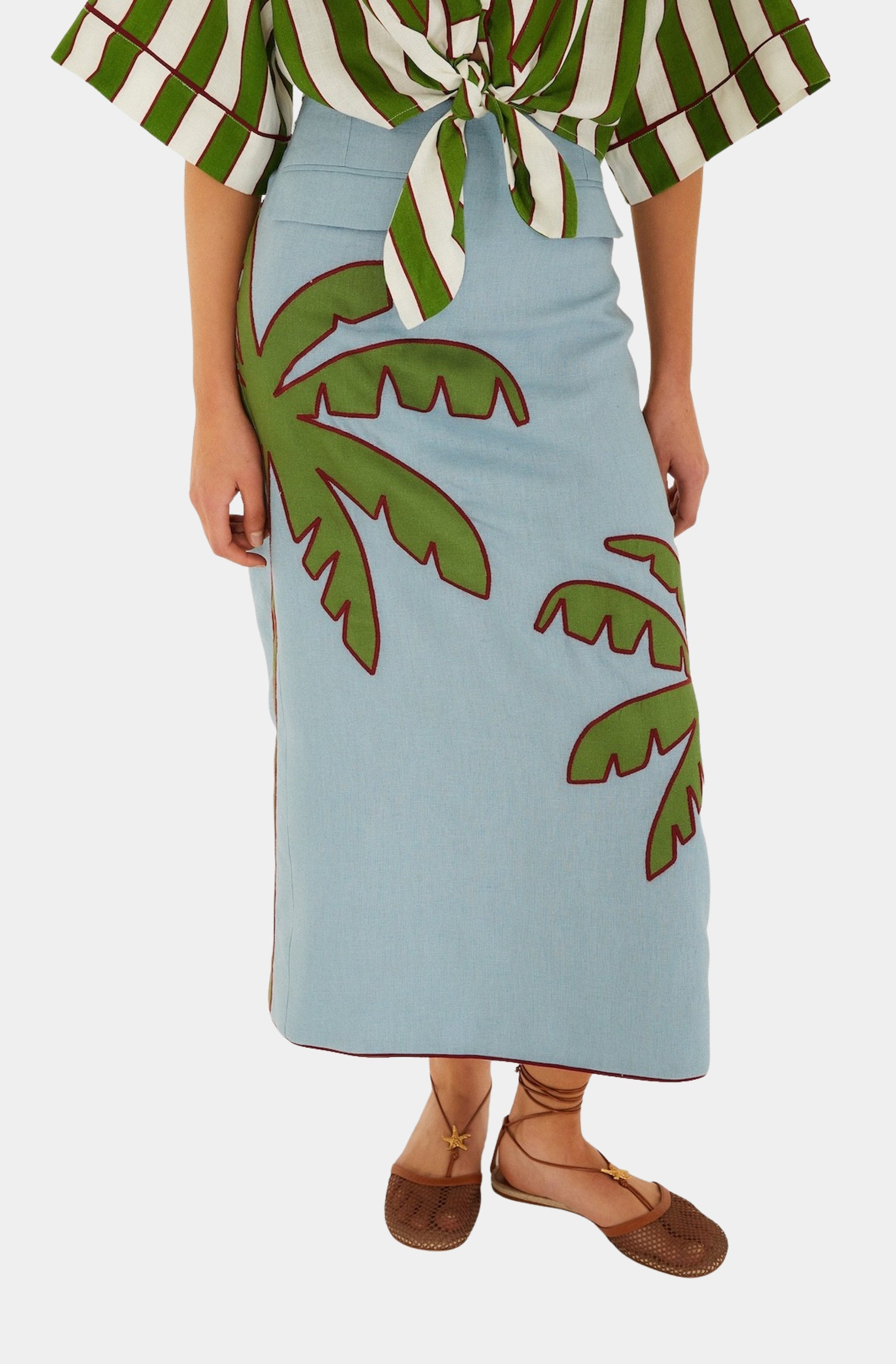 Blue Embroidered Palm Tree Maxi Skirt