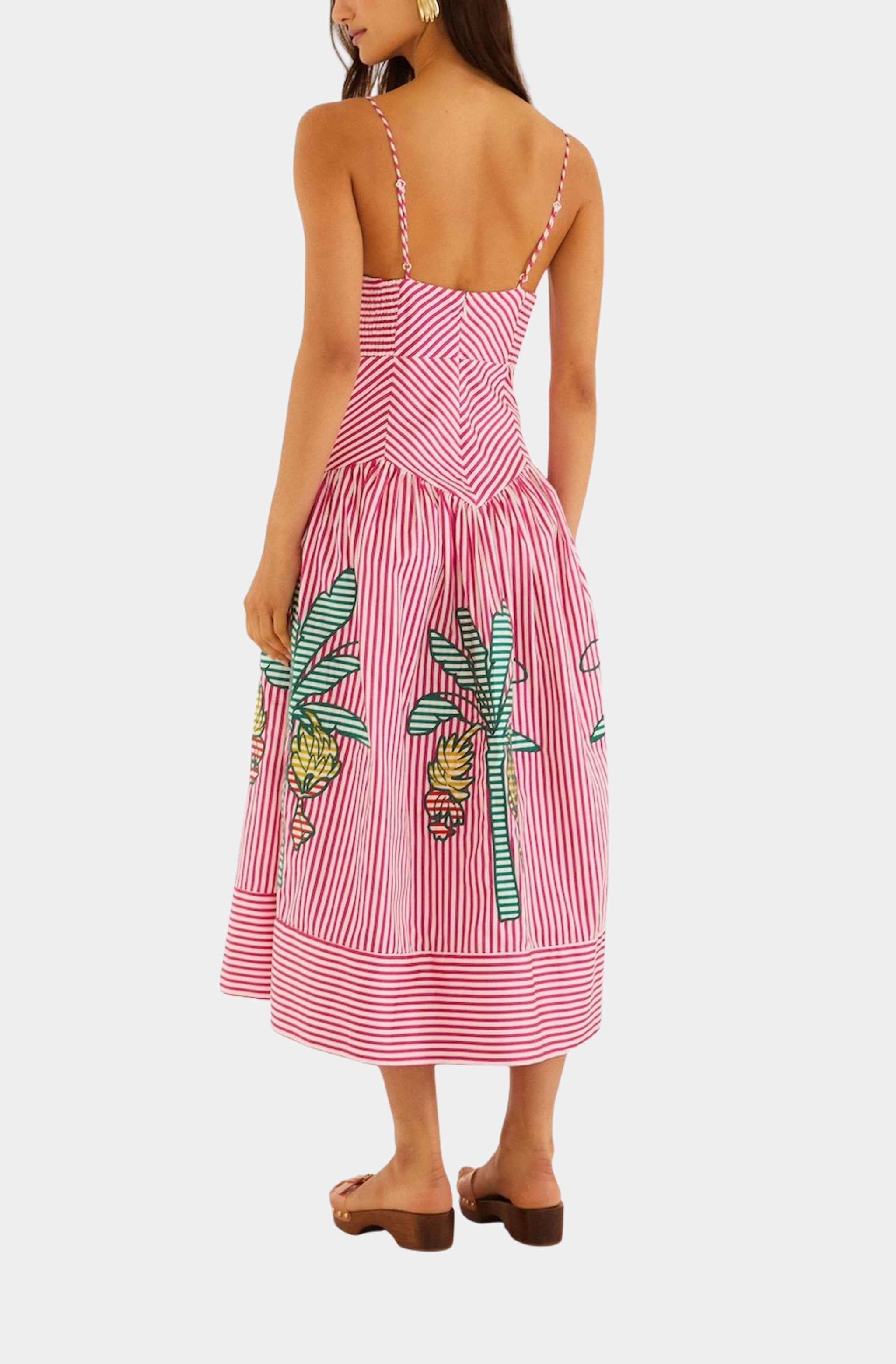Palm Tree Cutwork Stripes Sleeveless Midi Dress