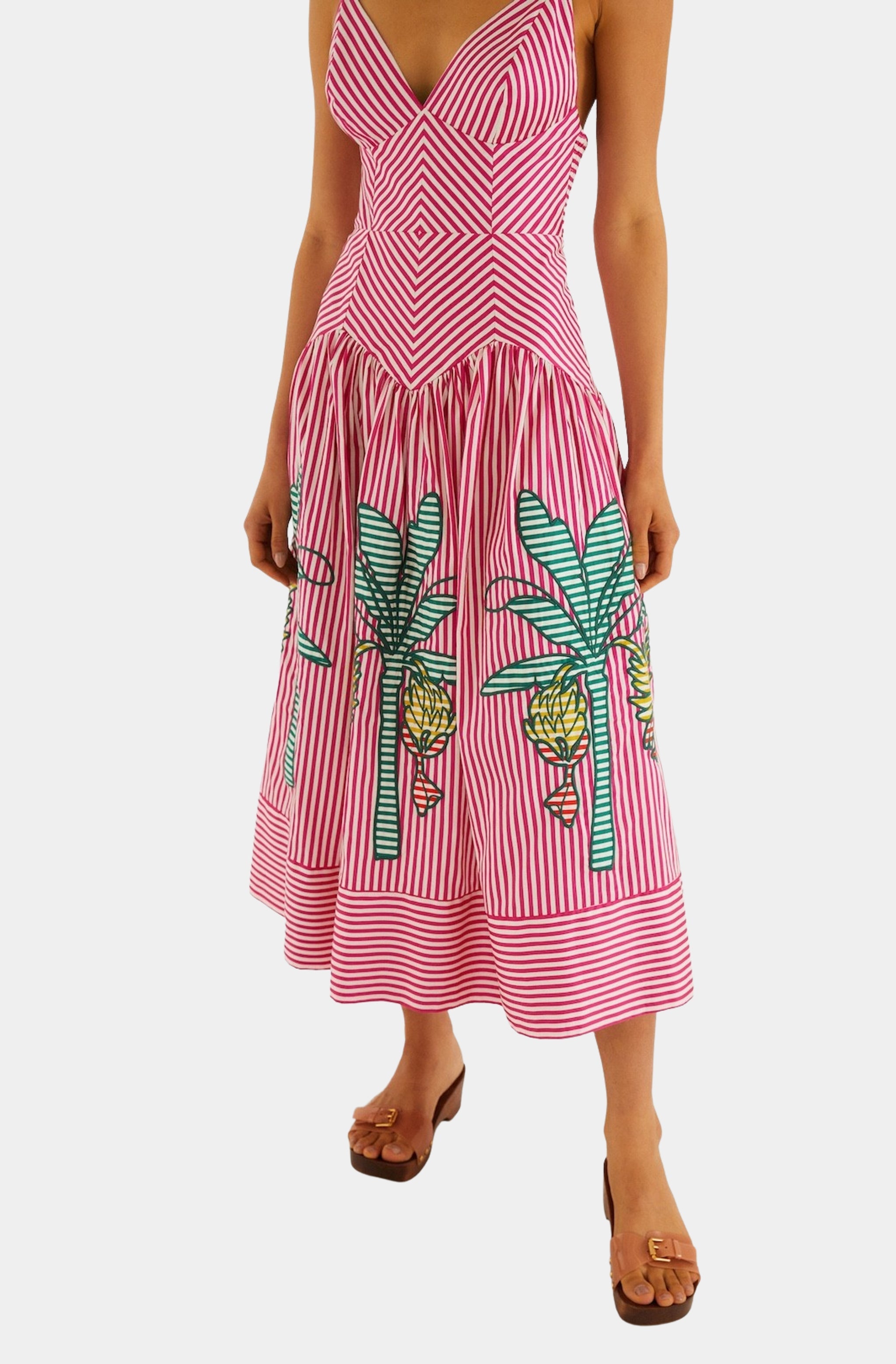Palm Tree Cutwork Stripes Sleeveless Midi Dress