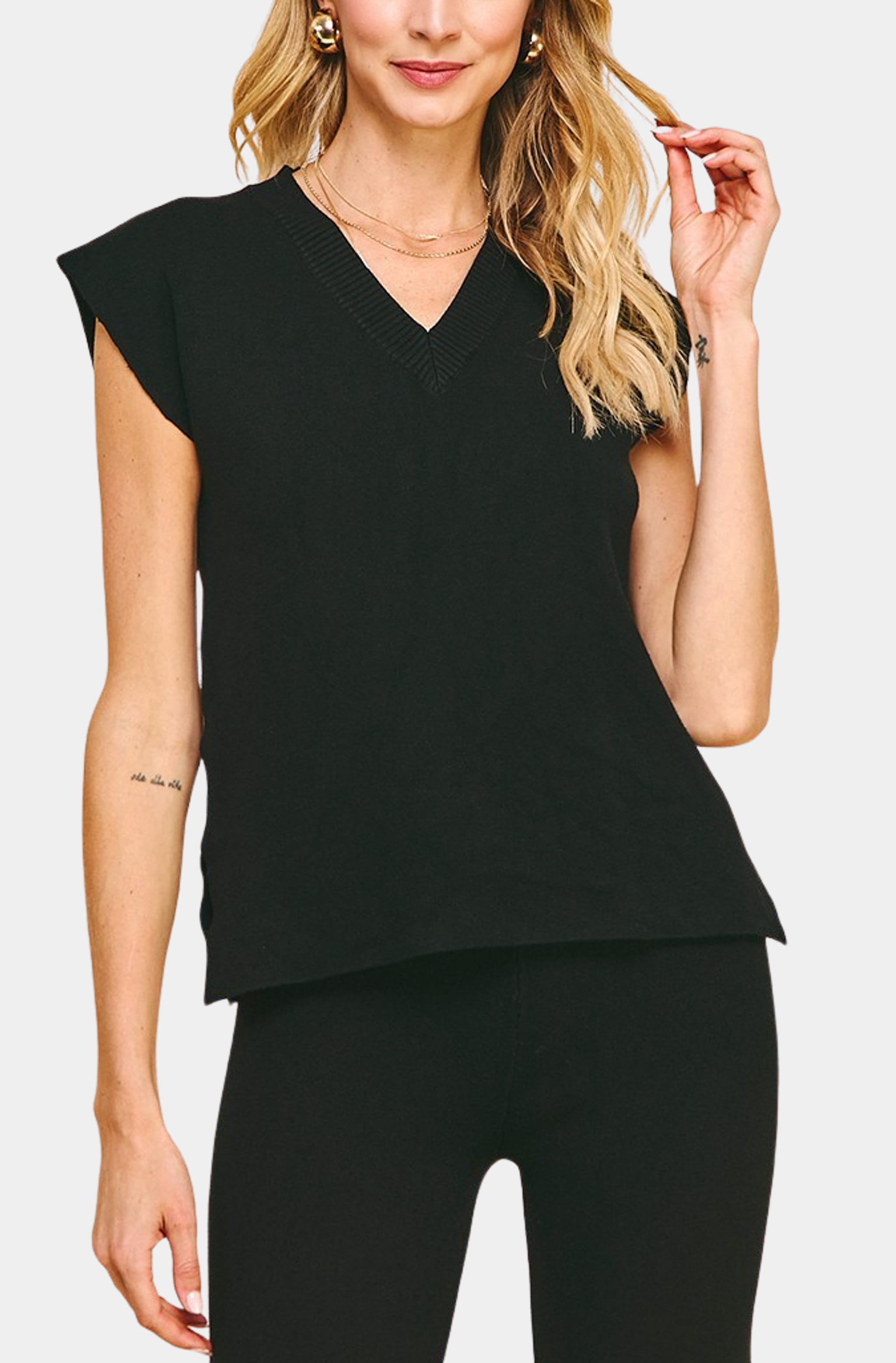 Marley Top in black, cozy v-neck sweater vest front view