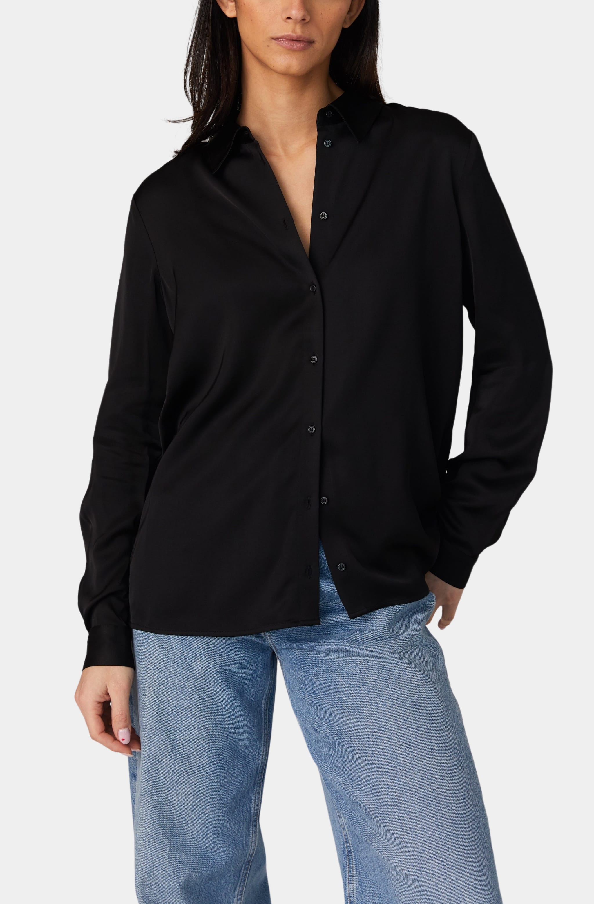 Black Ennis Satin Shirt with long sleeves, casual fit