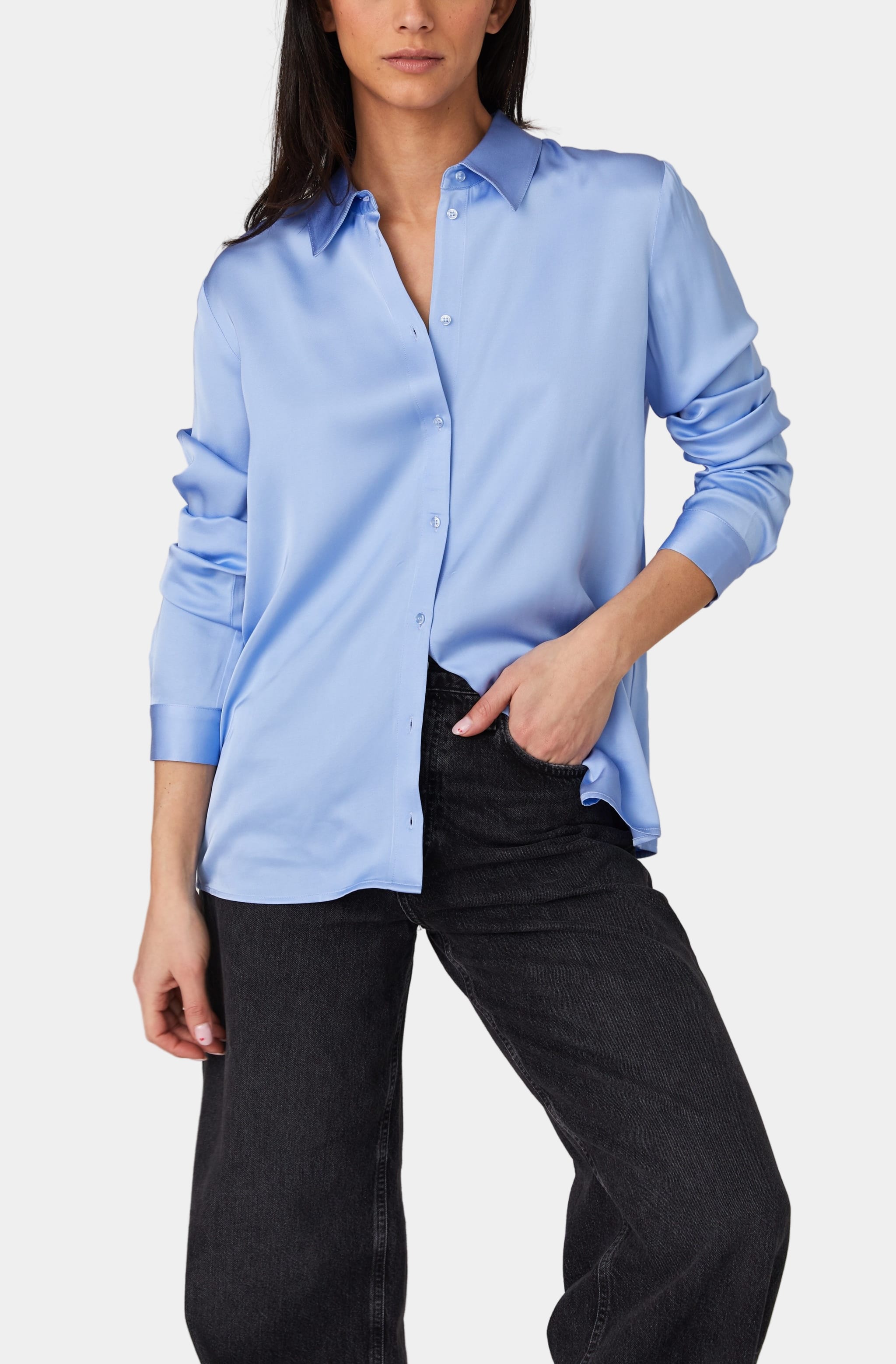 Blue Ennis Satin Shirt with long sleeves, stylish look