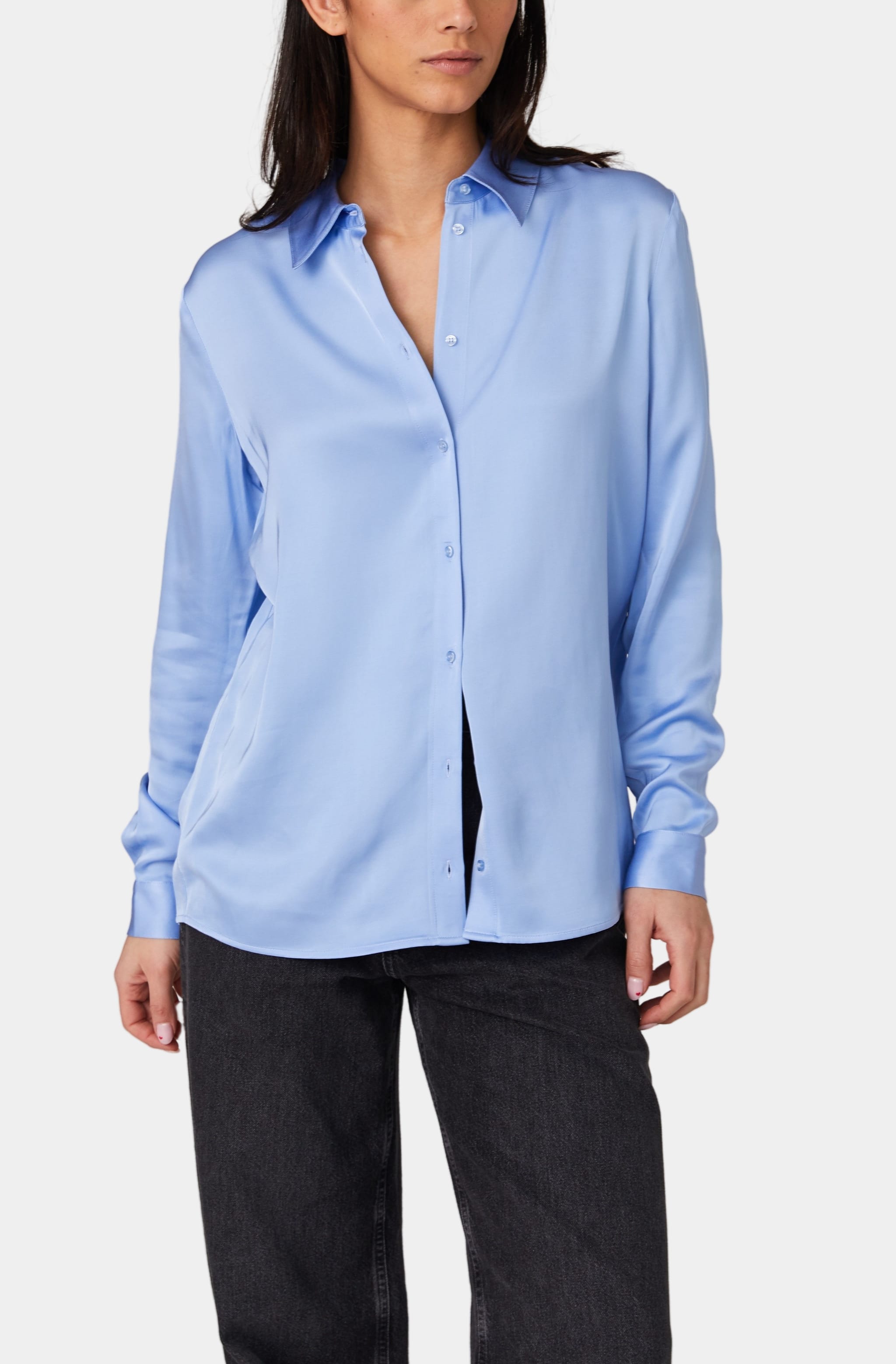 Blue Ennis Satin Shirt with long sleeves, relaxed fit