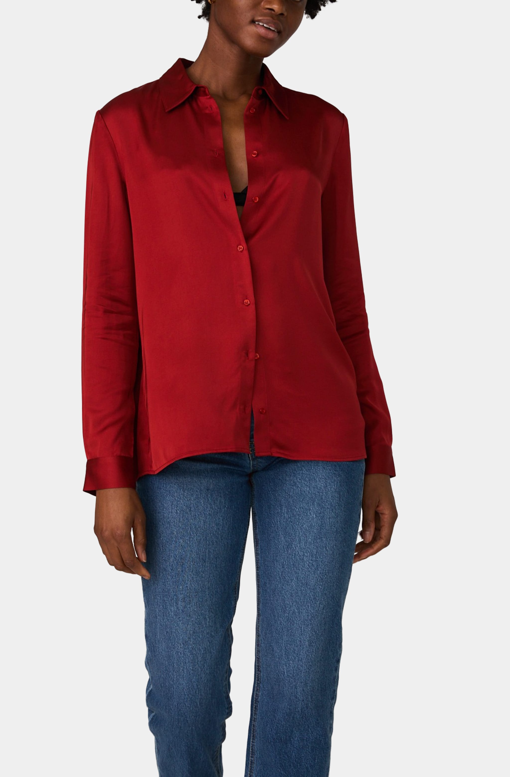 Red Ennis Satin Shirt with long sleeves, front view