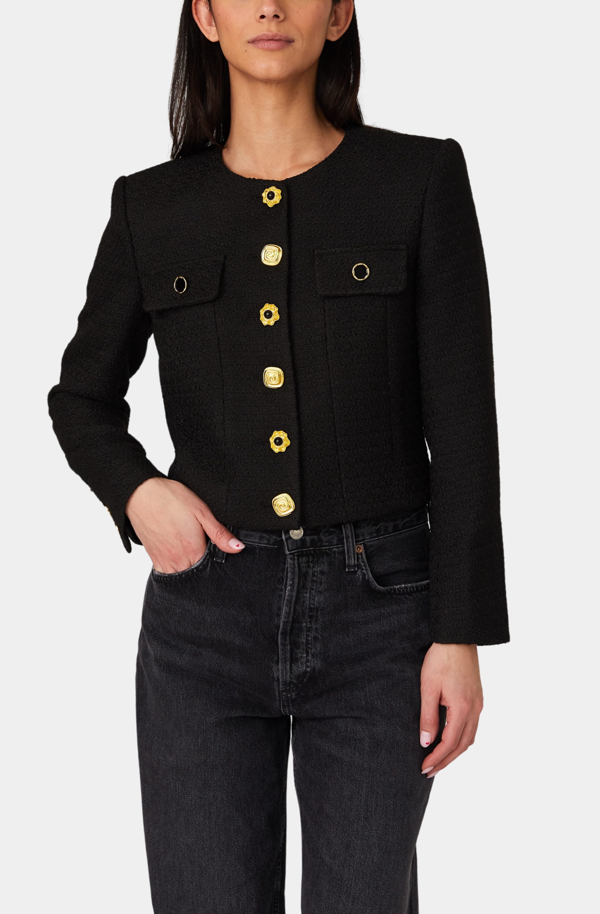 Black structured jacket with gold buttons, straight view.