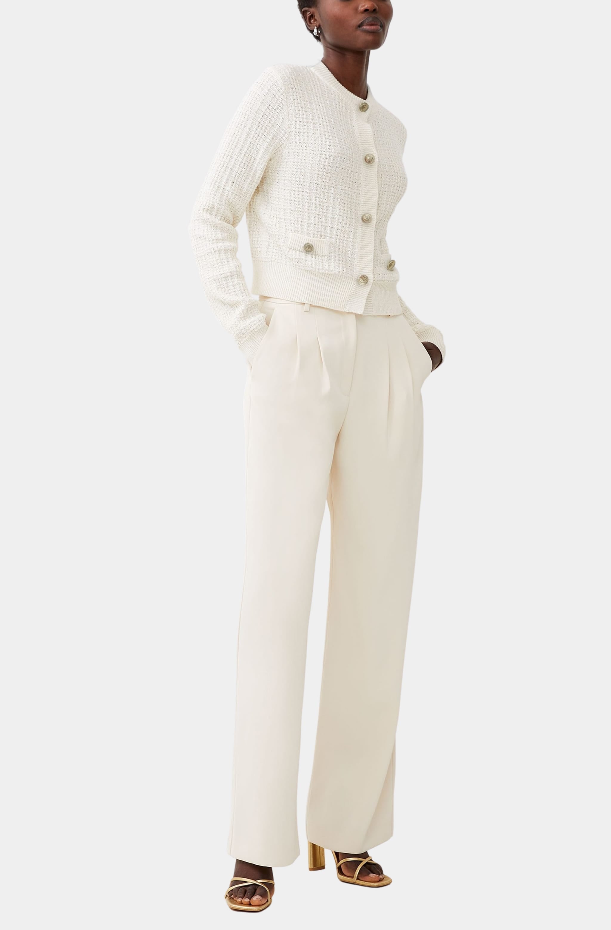 Full view of Lurex Tweed Knit Cardigan paired with cream pants