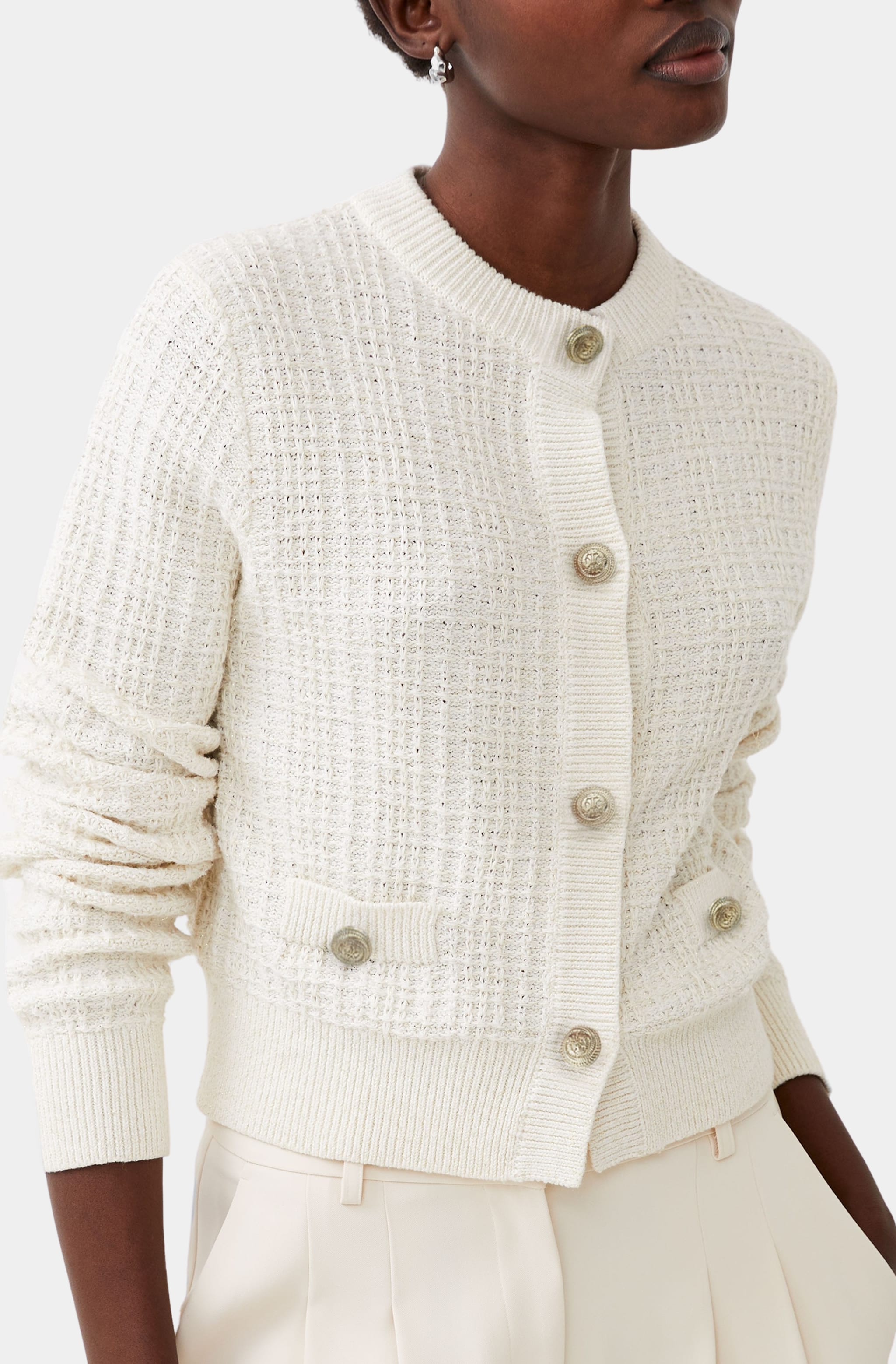 Close-up of Lurex Tweed Knit Cardigan with button details