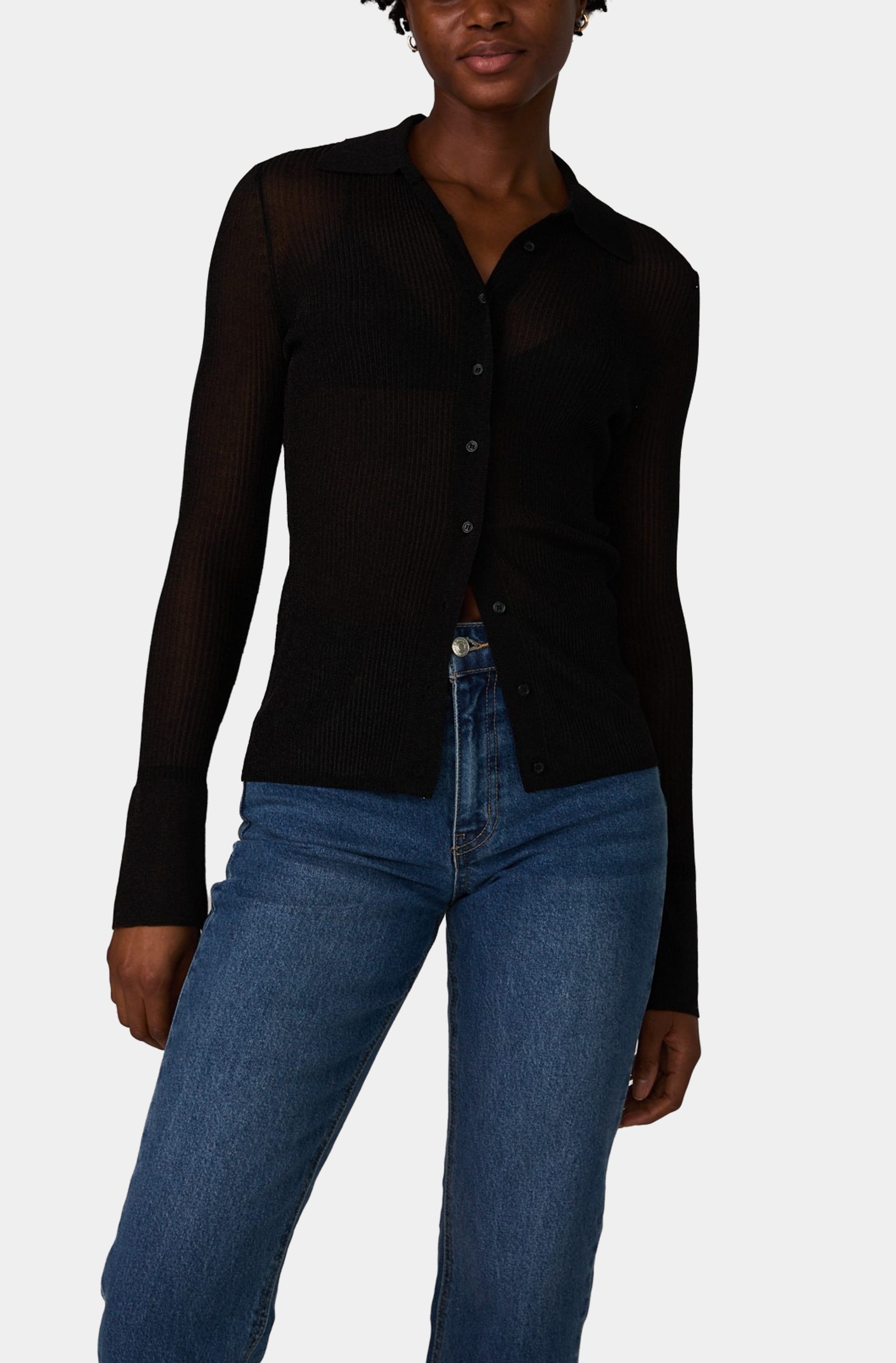 Lurex Mix Collared Top, button-down, long sleeve, black