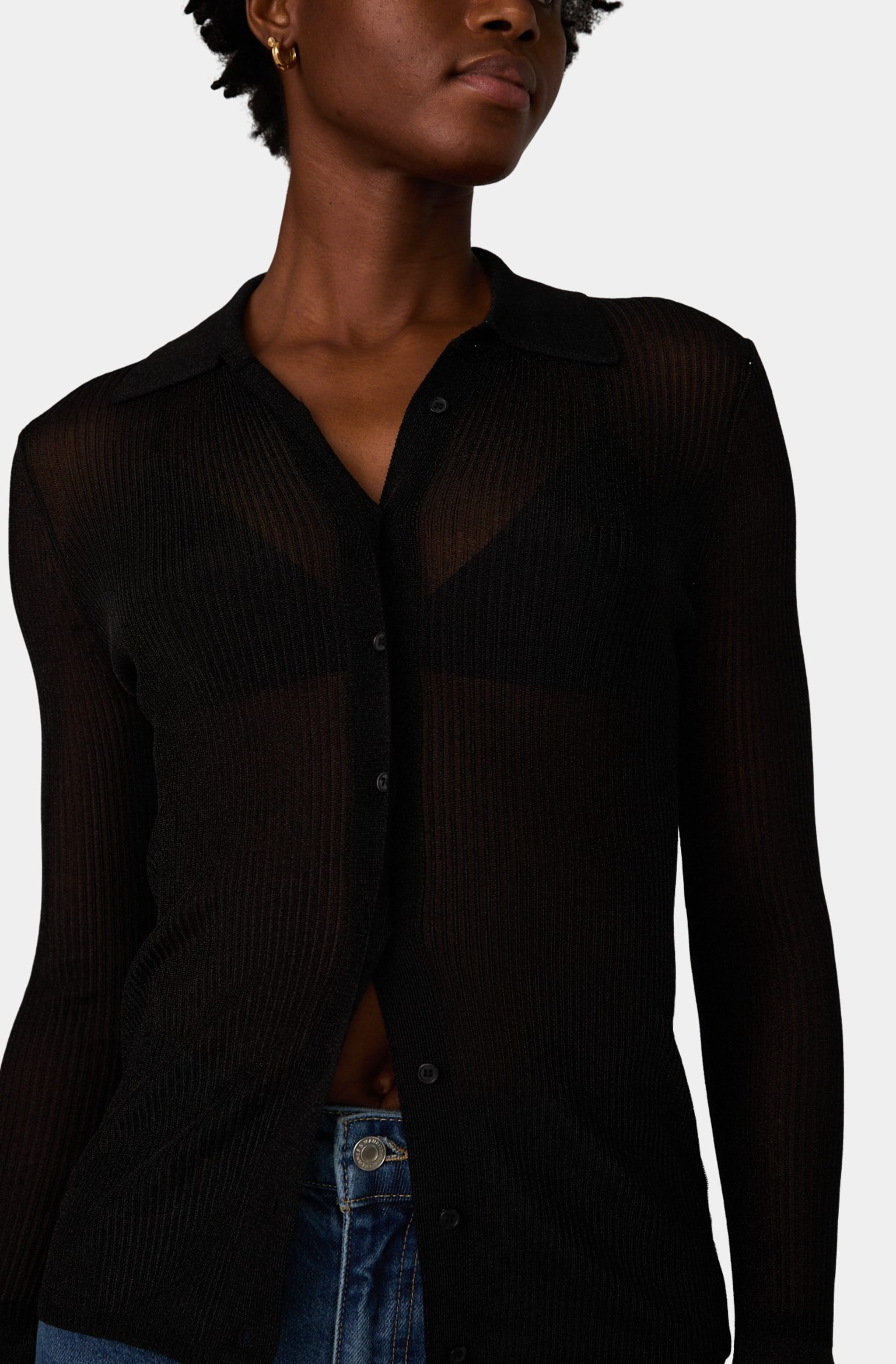 Close-up of Lurex Mix Collared Top, sheer black fabric