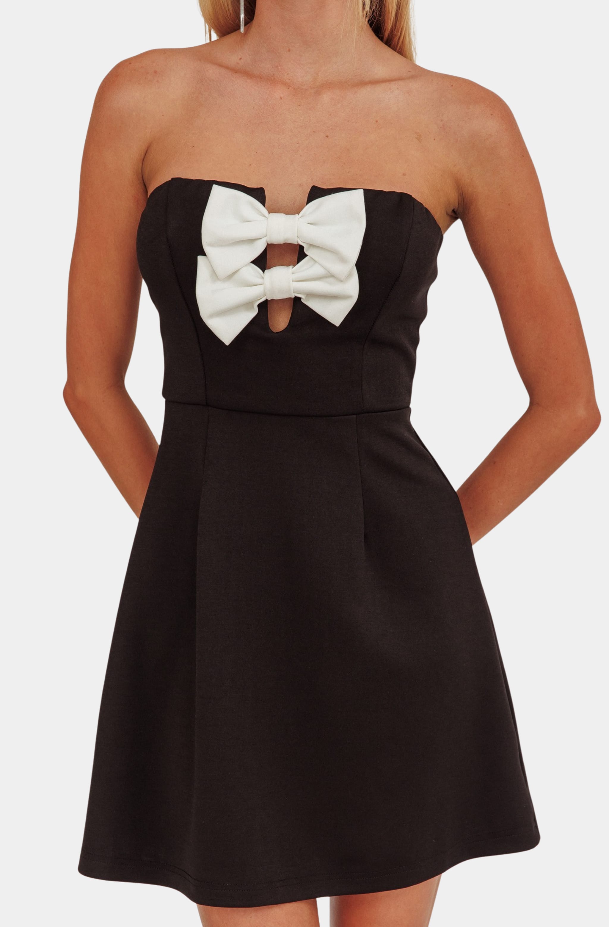 Abigail Mini Dress with strapless design and bow detail