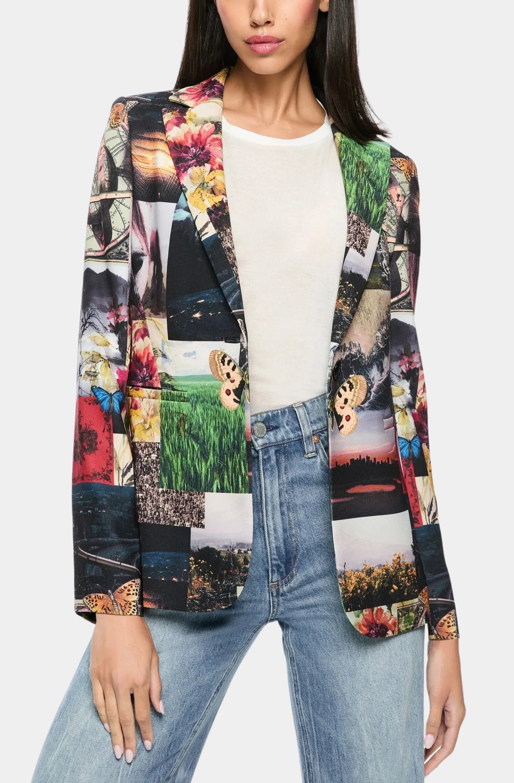 Colorful patchwork fitted blazer with notch collar, front view.