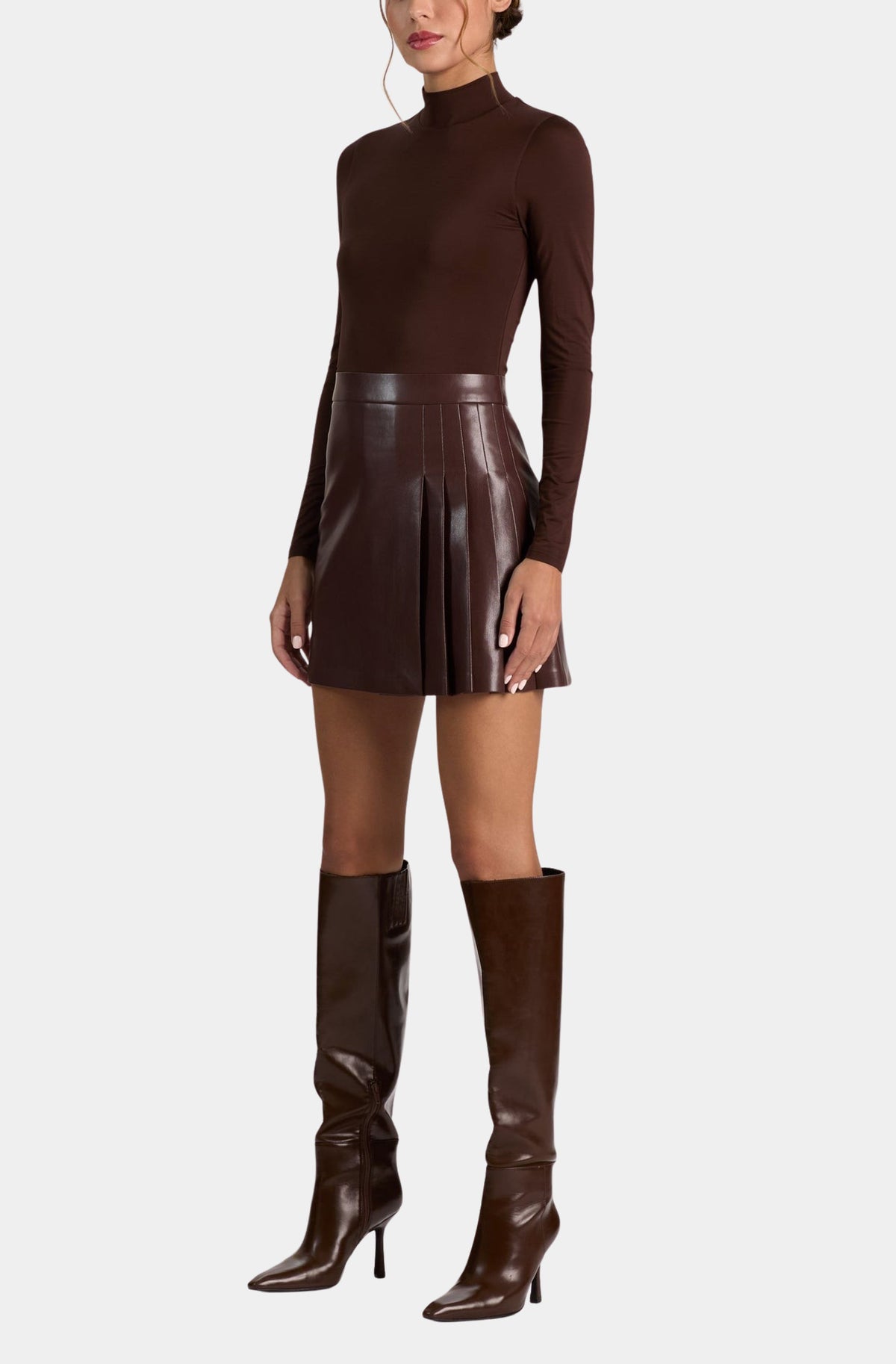 Chara Long Sleeve Vegan Leather Pleated Mini Dress
