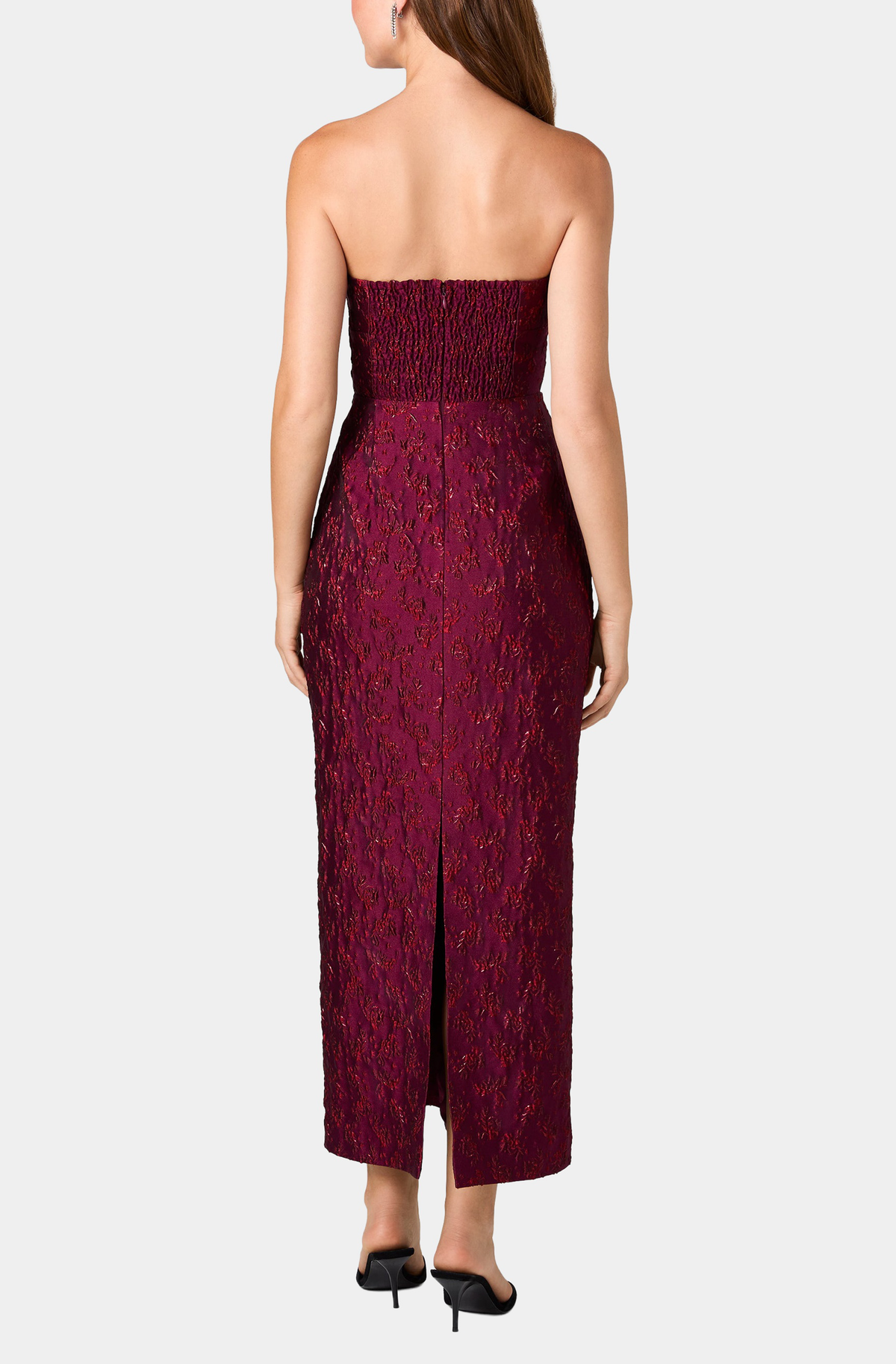 Anaya Floral Jacquard Strapless Column Dress in Cranberry Glaze – back view