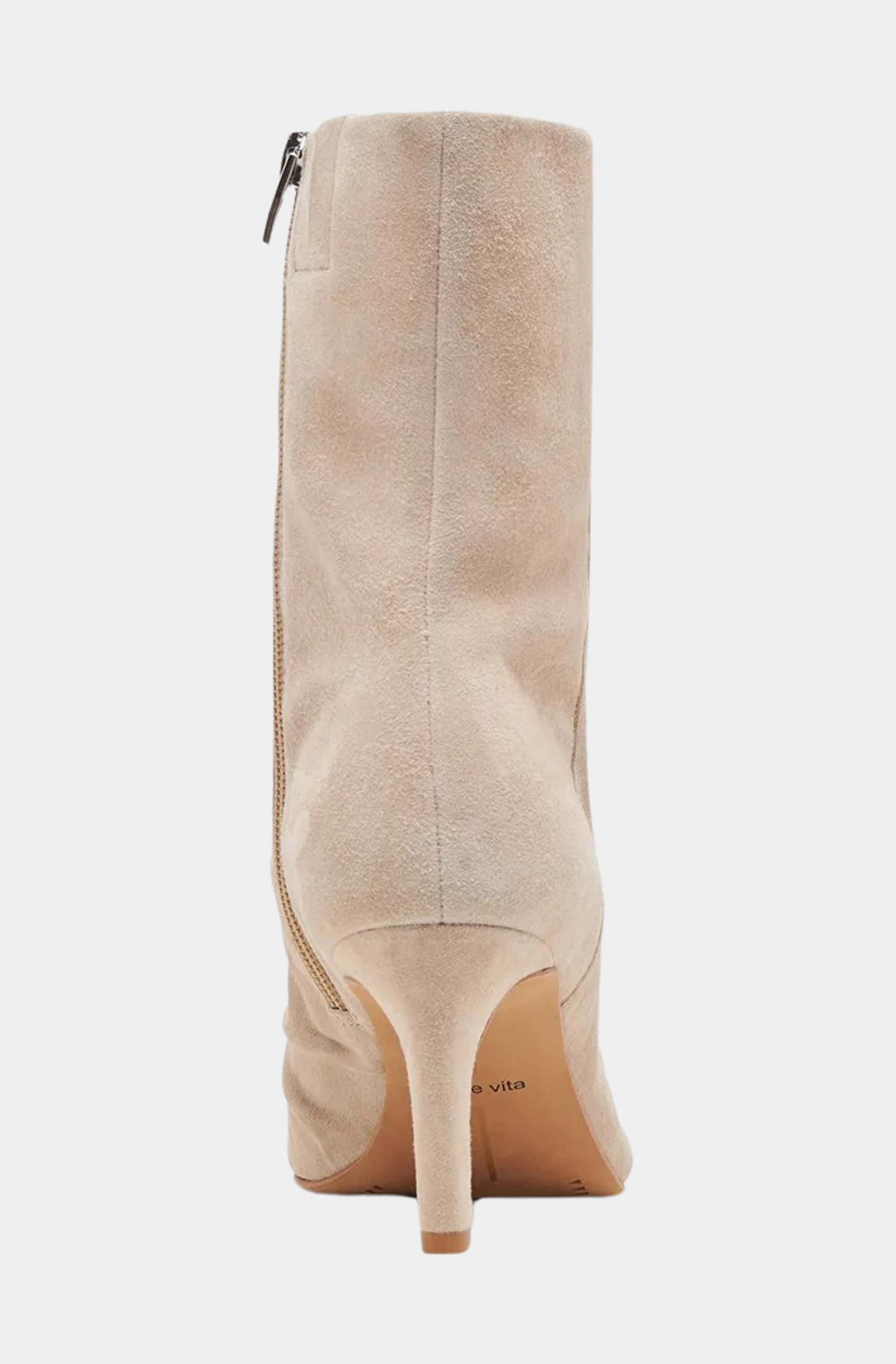 Back view of beige Fernly Boots with sleek heel