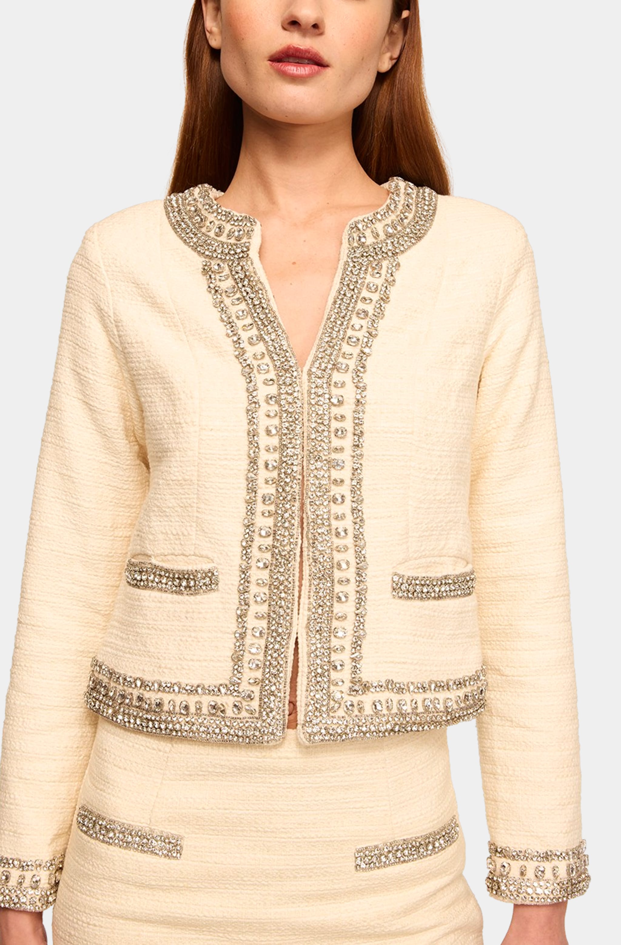 Close-up of embellished Curtis Jacket, detailed trim