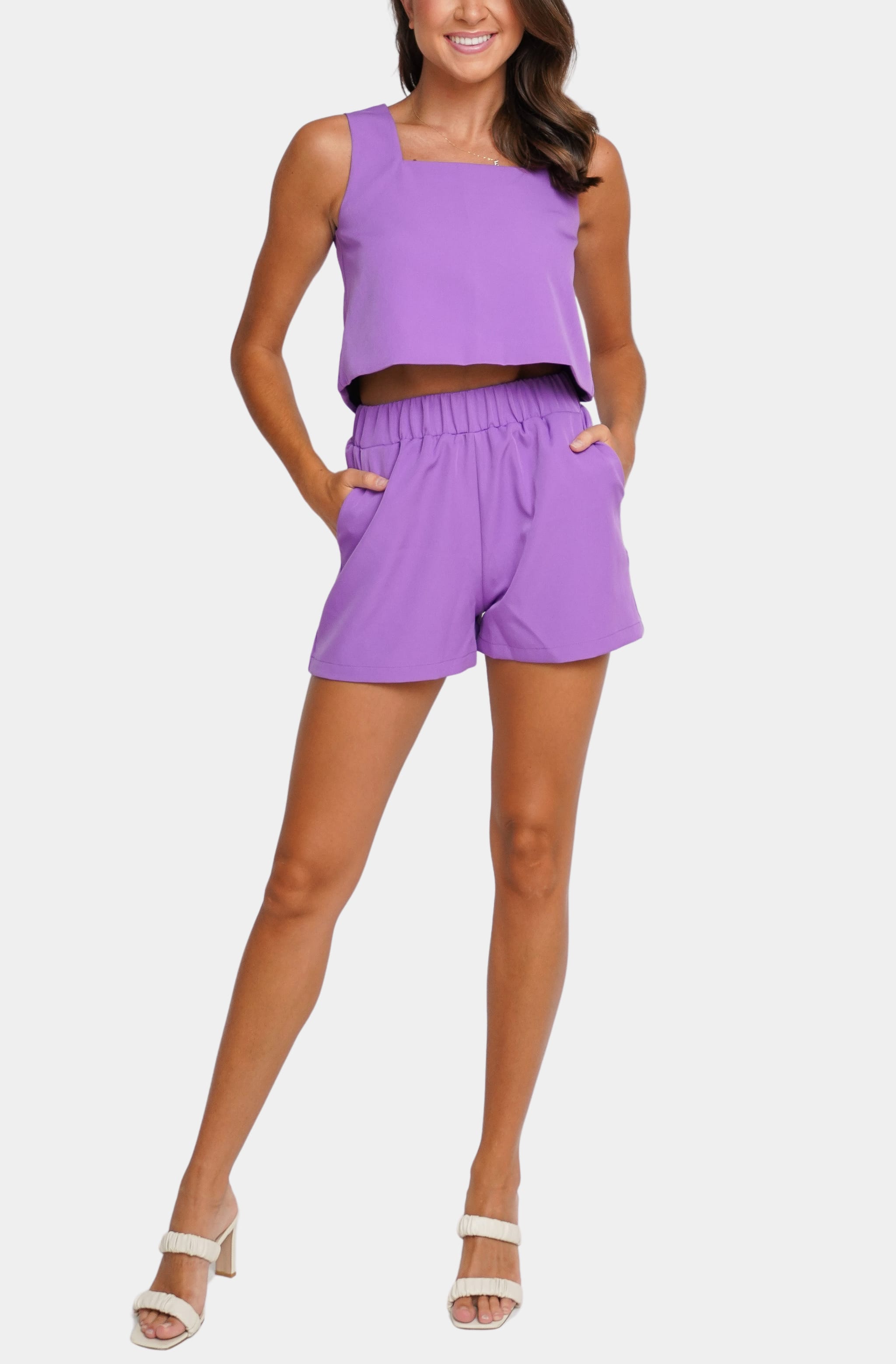 Purple Piper Top and Shorts set, square neck crop design