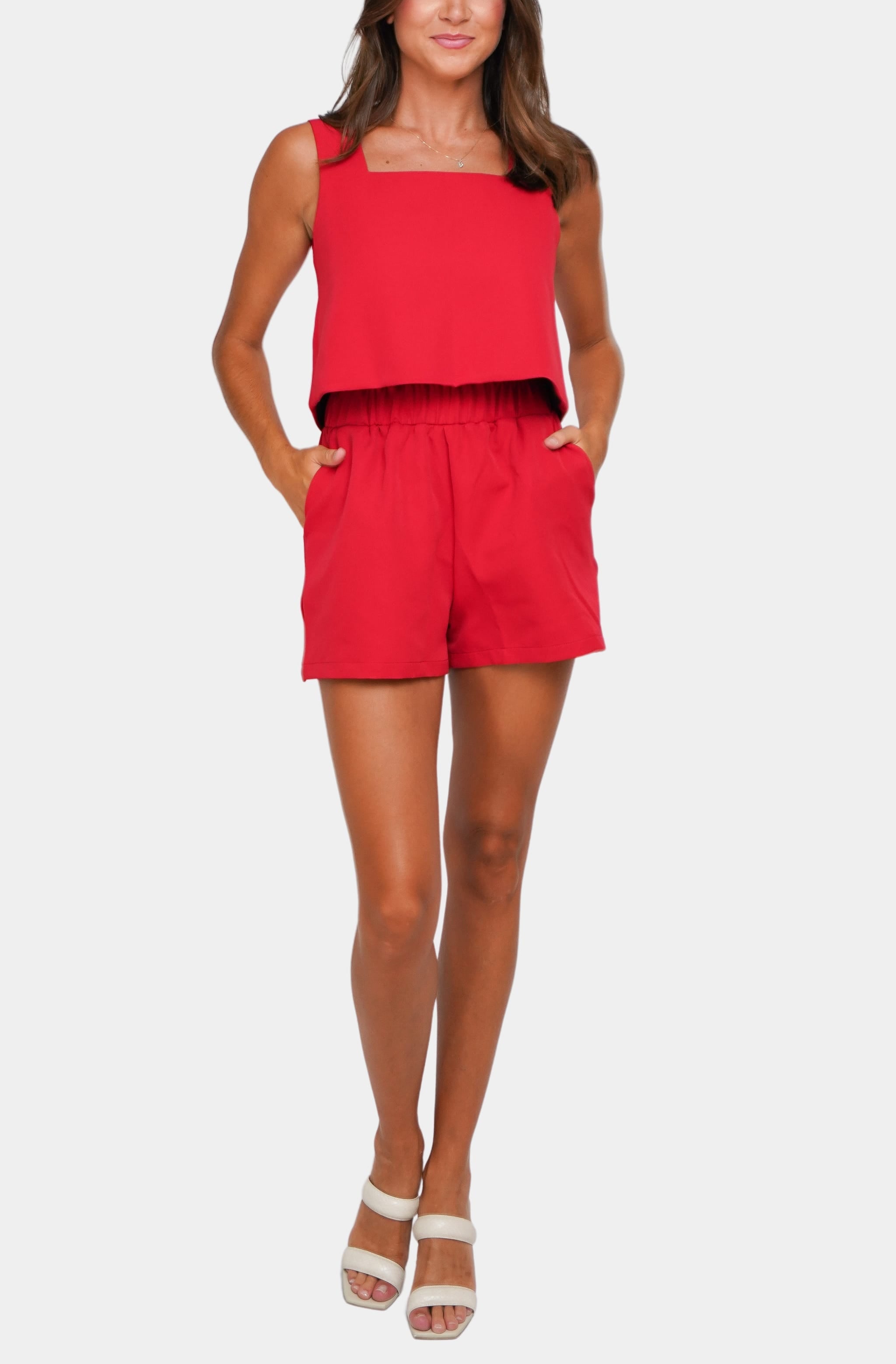 Red Piper Top and Shorts set, square neck crop design