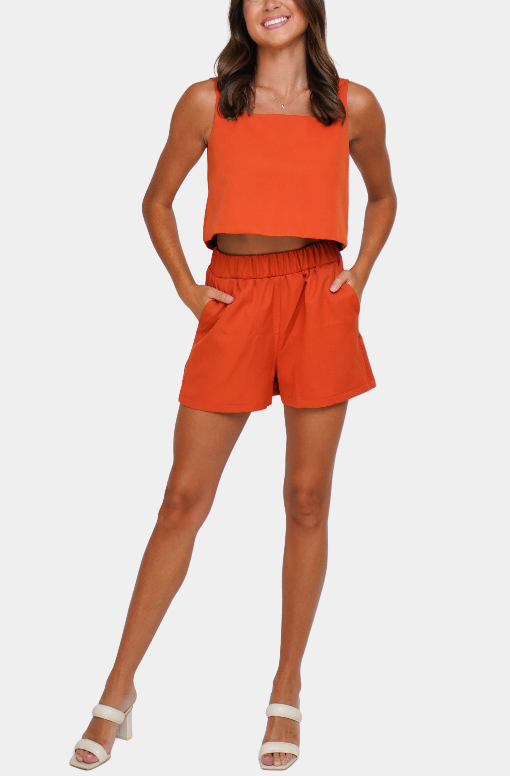 Orange Piper Top and Shorts set, square neck crop design