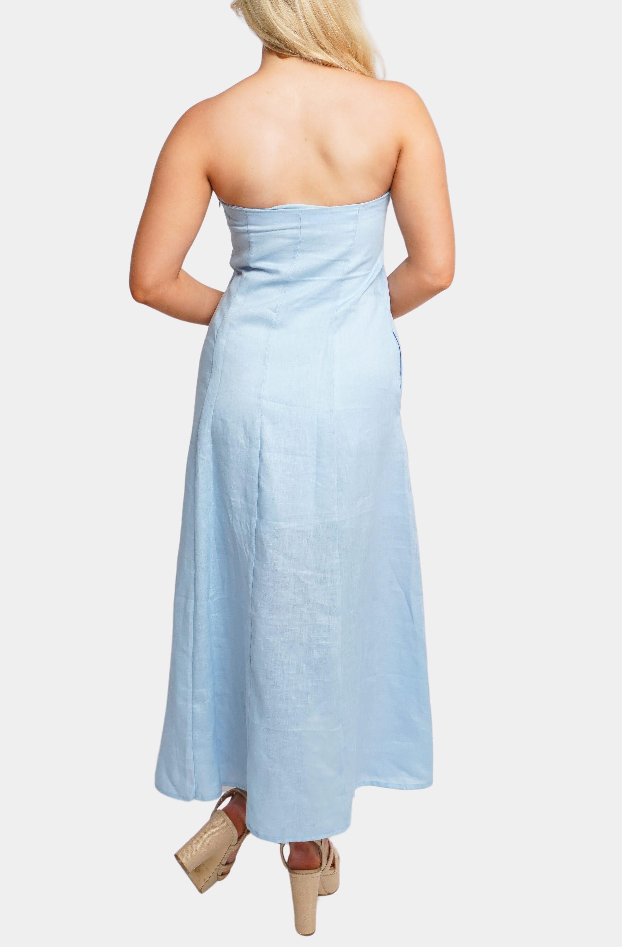 Light blue strapless Macy Midi Dress back view