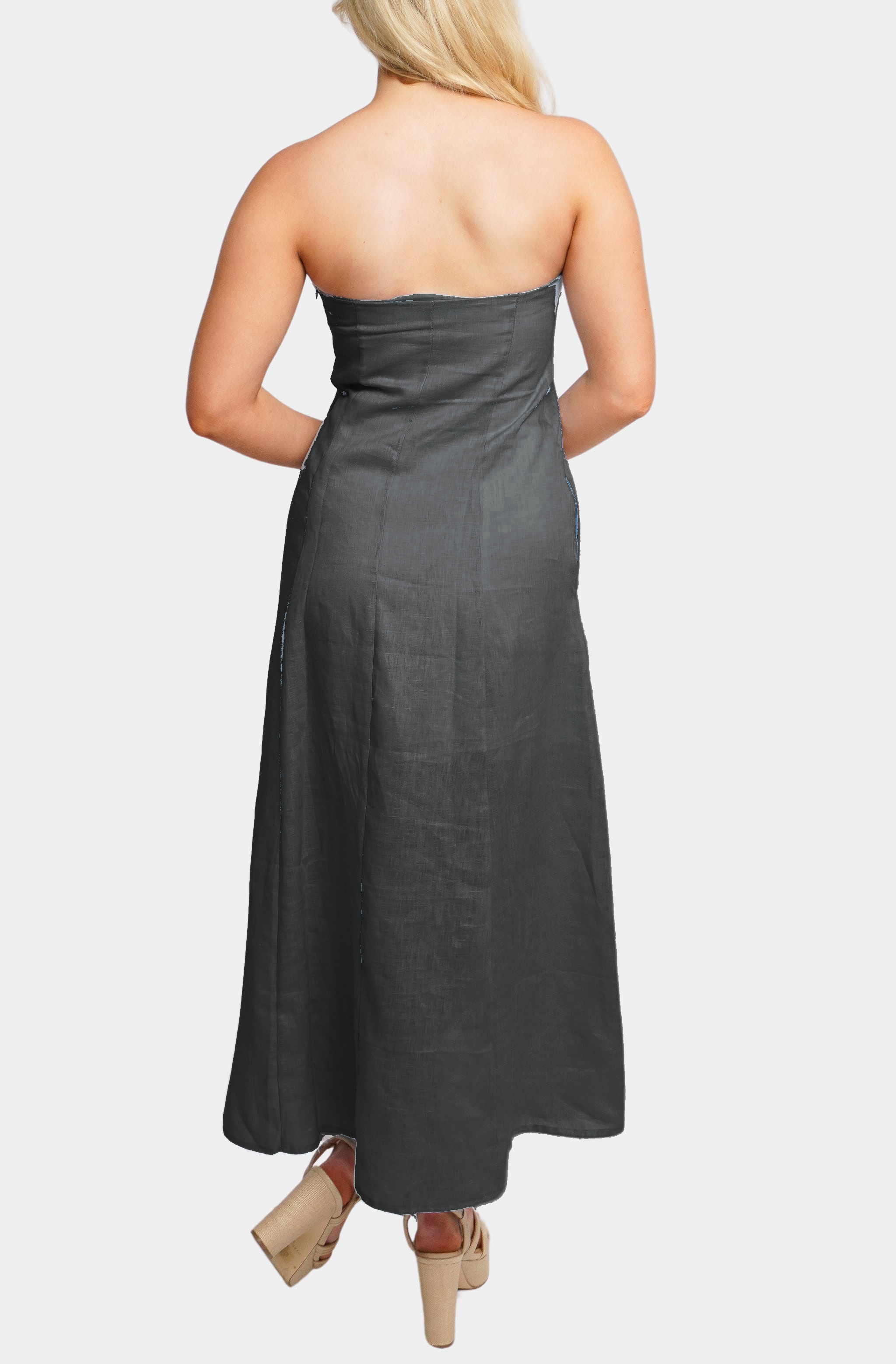 Black strapless Macy Midi Dress back view