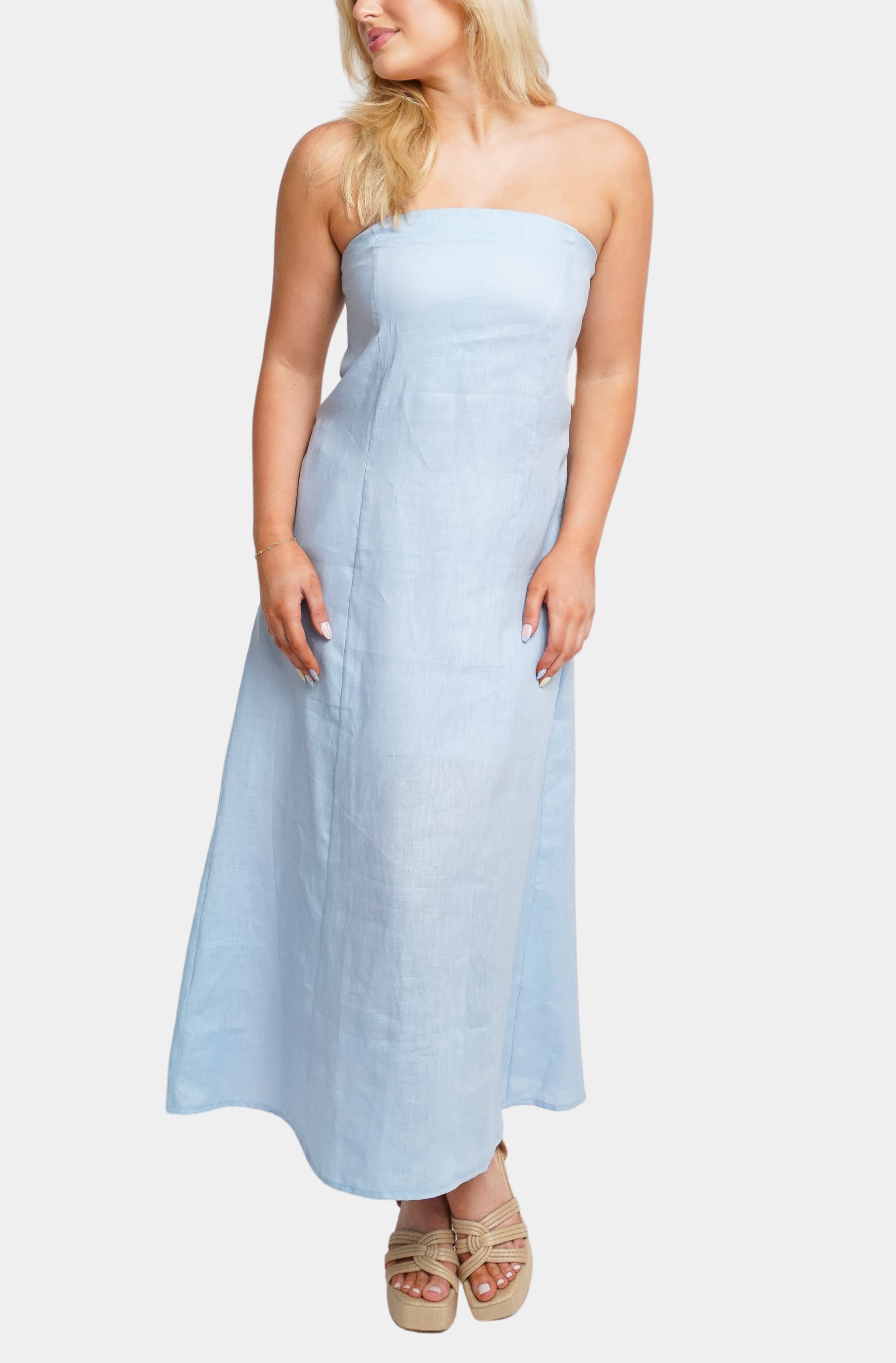 Light blue strapless Macy Midi Dress front view