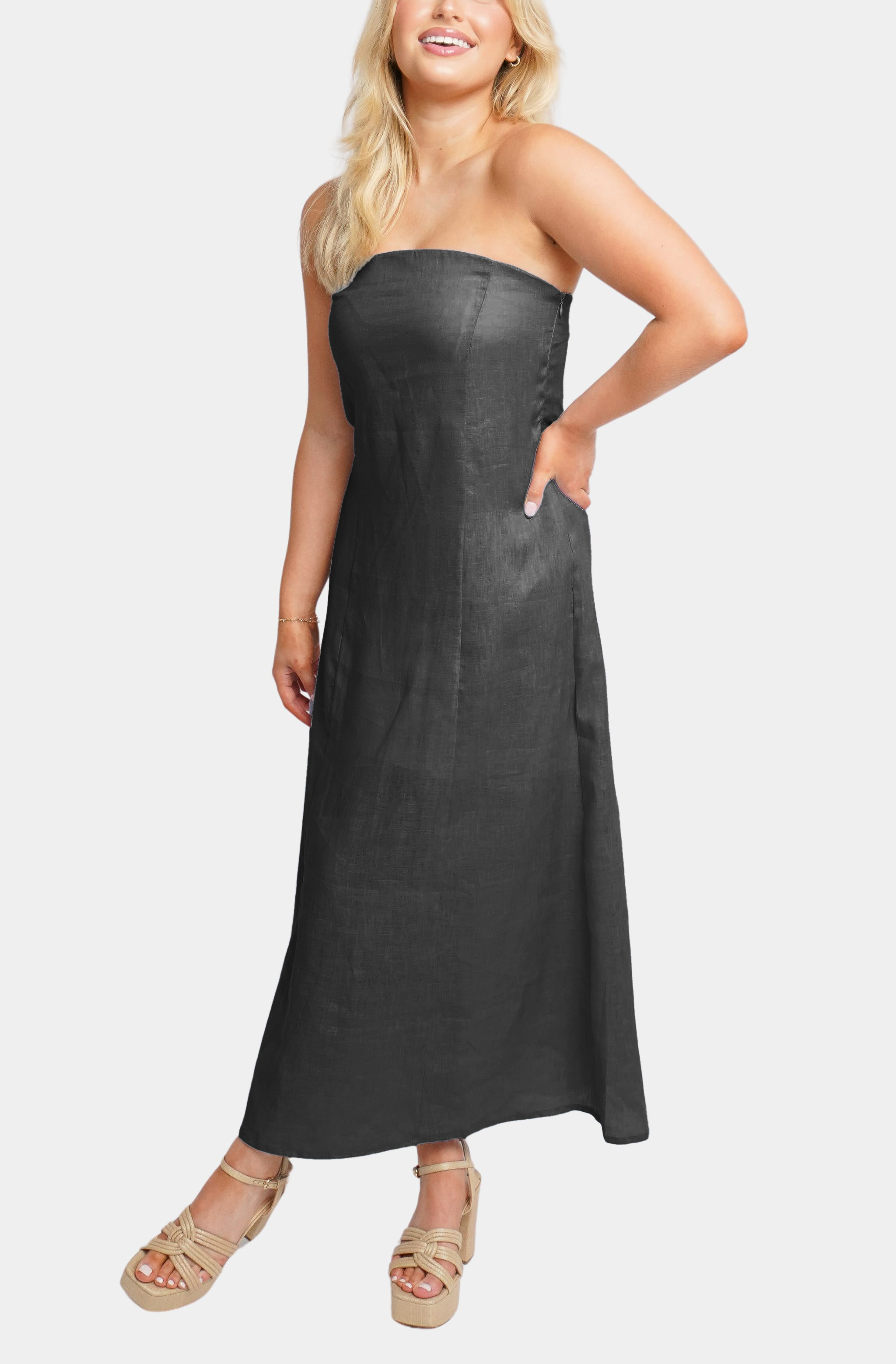 Black strapless Macy Midi Dress side pose