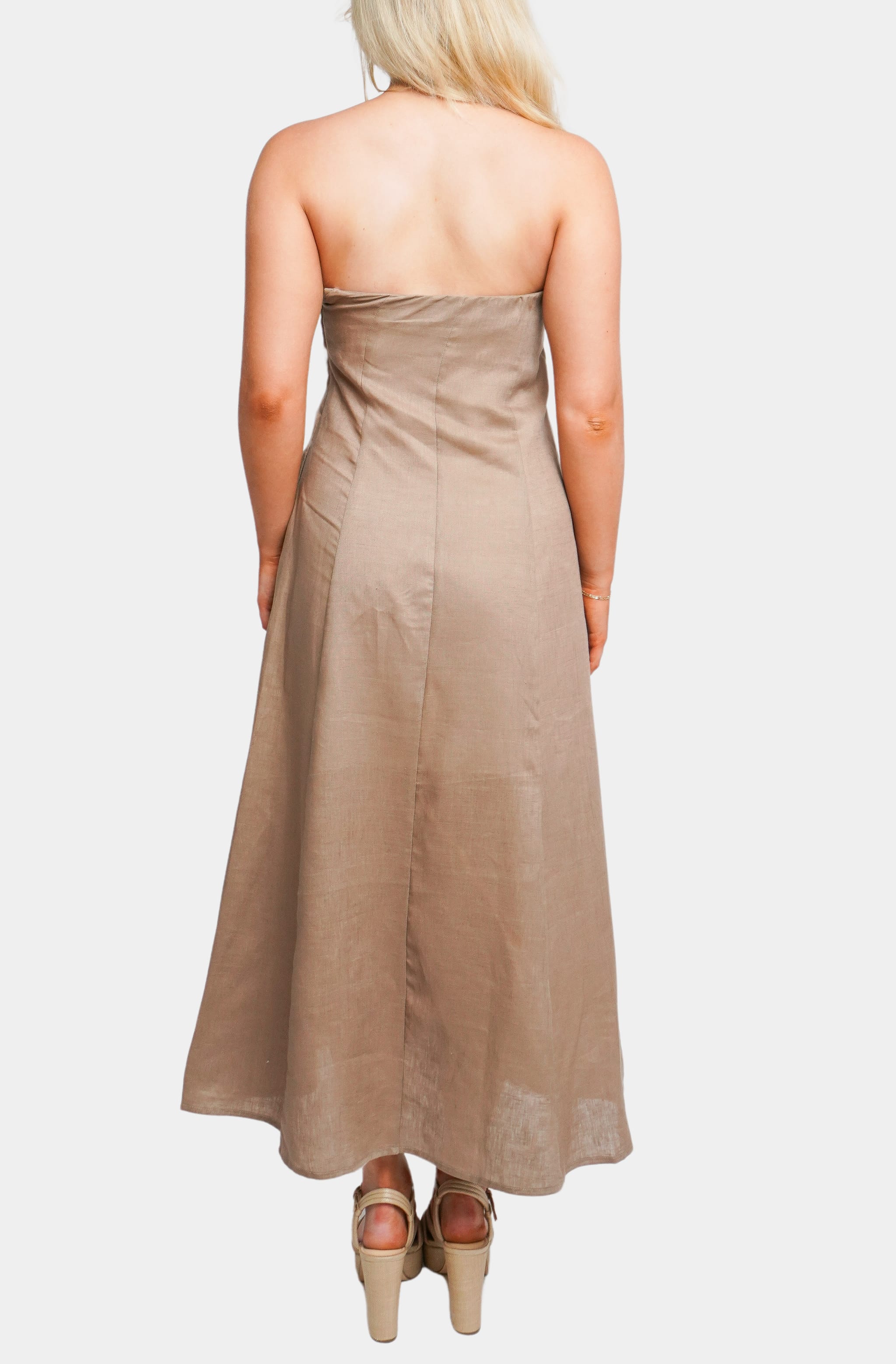 Beige strapless Macy Midi Dress back view