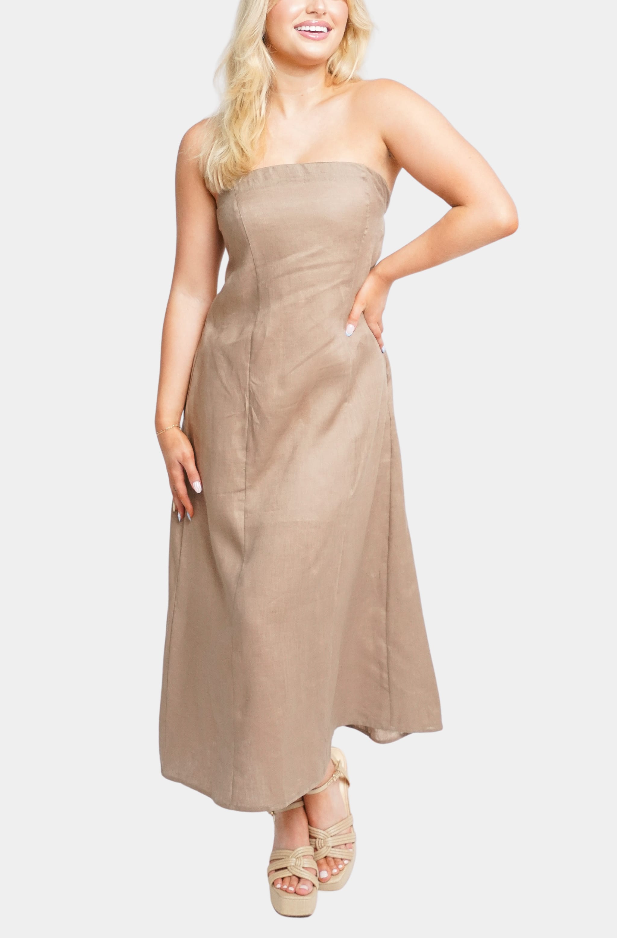 Beige strapless Macy Midi Dress side pose