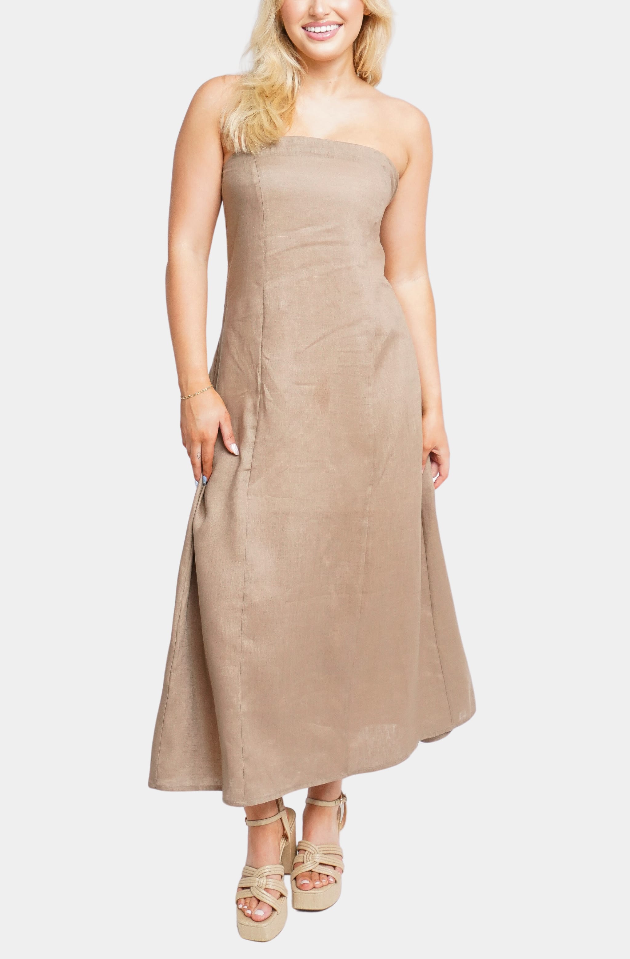 Beige strapless Macy Midi Dress front view