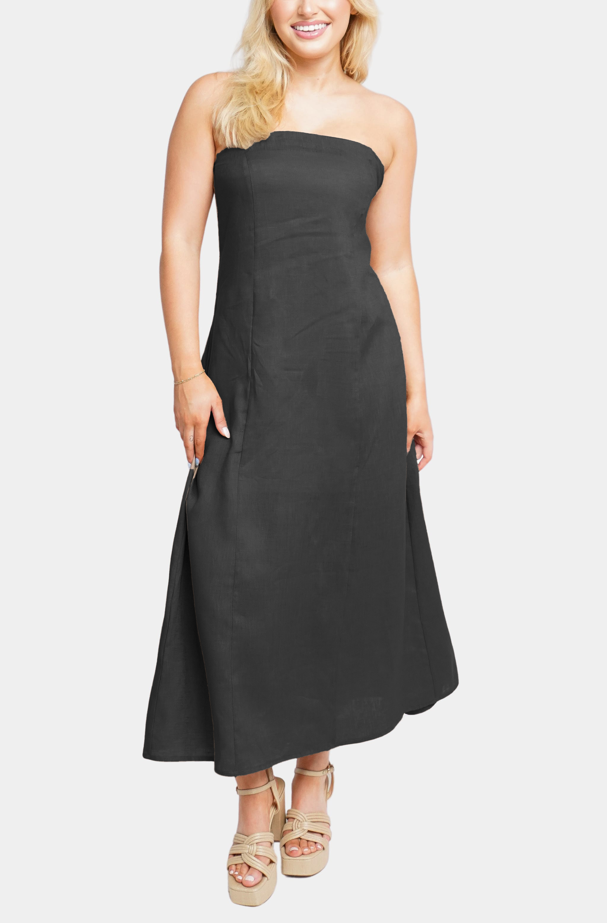 Black strapless Macy Midi Dress front view