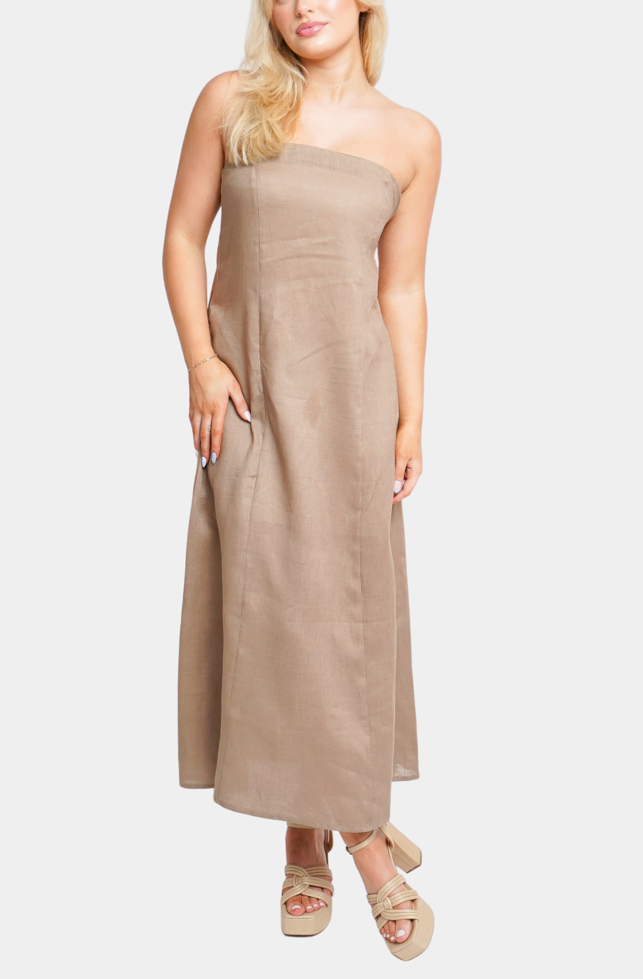 Beige strapless Macy Midi Dress front view