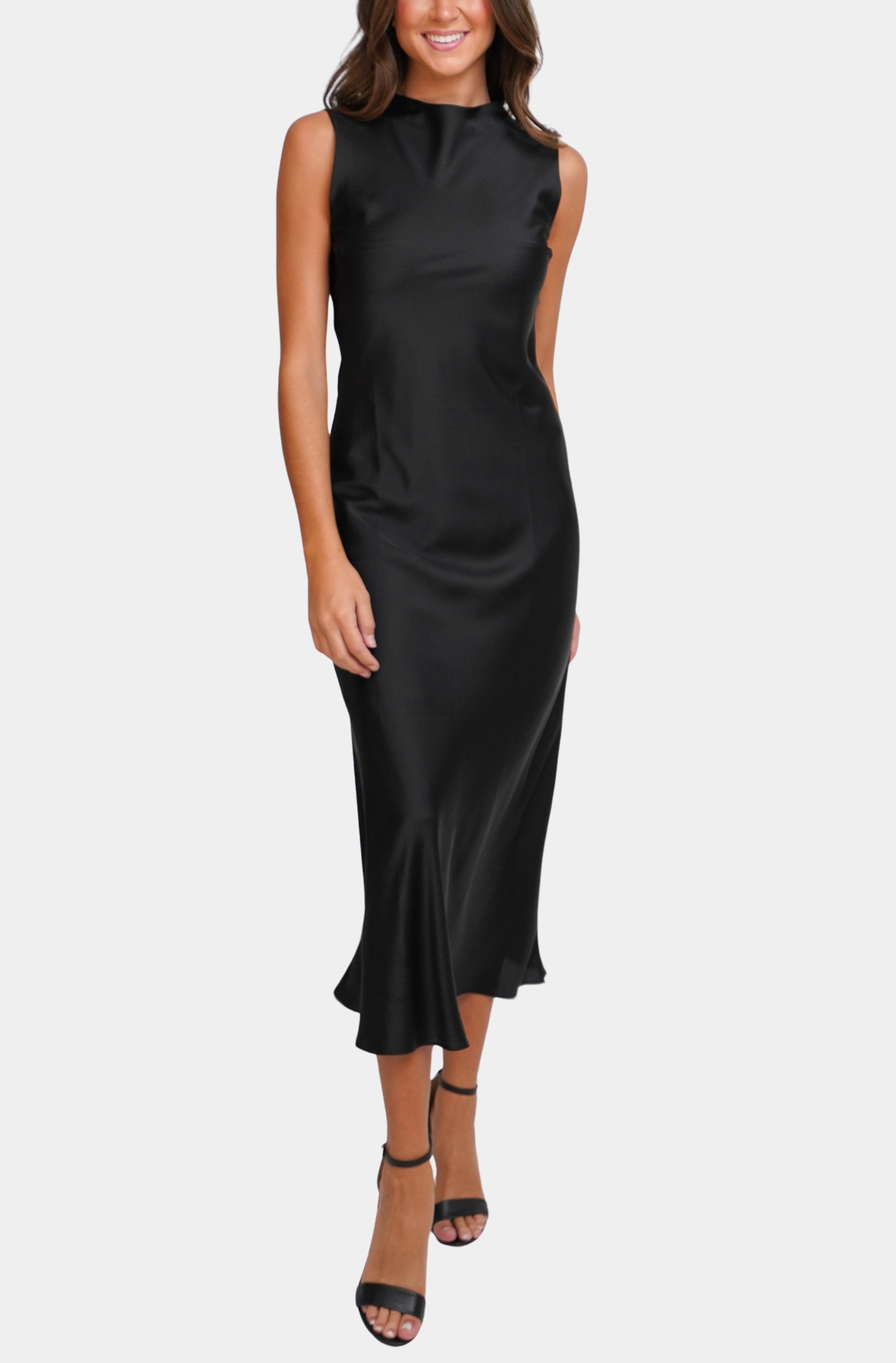 Black sleeveless silk midi dress front view