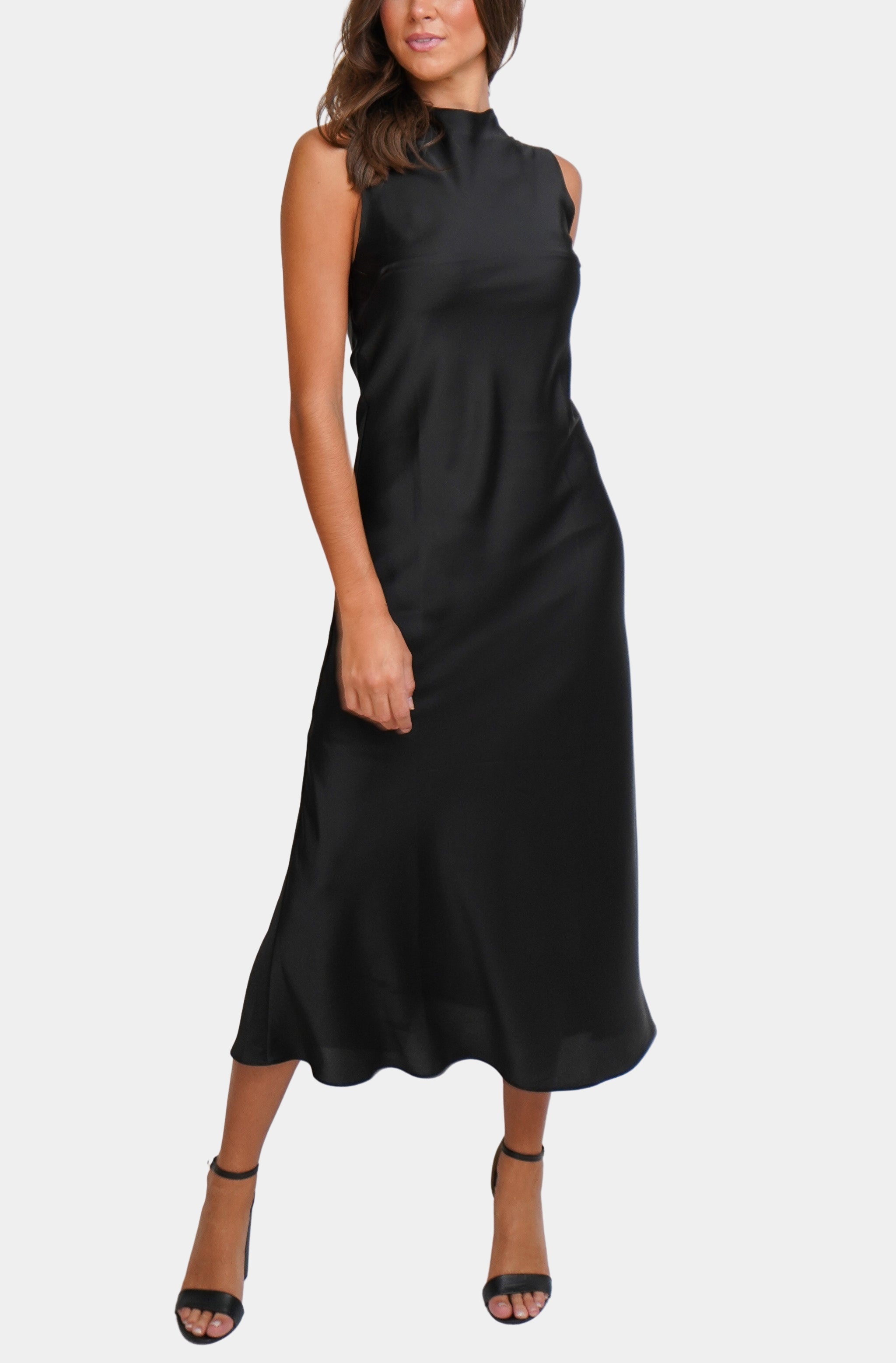 Black silk midi dress side view