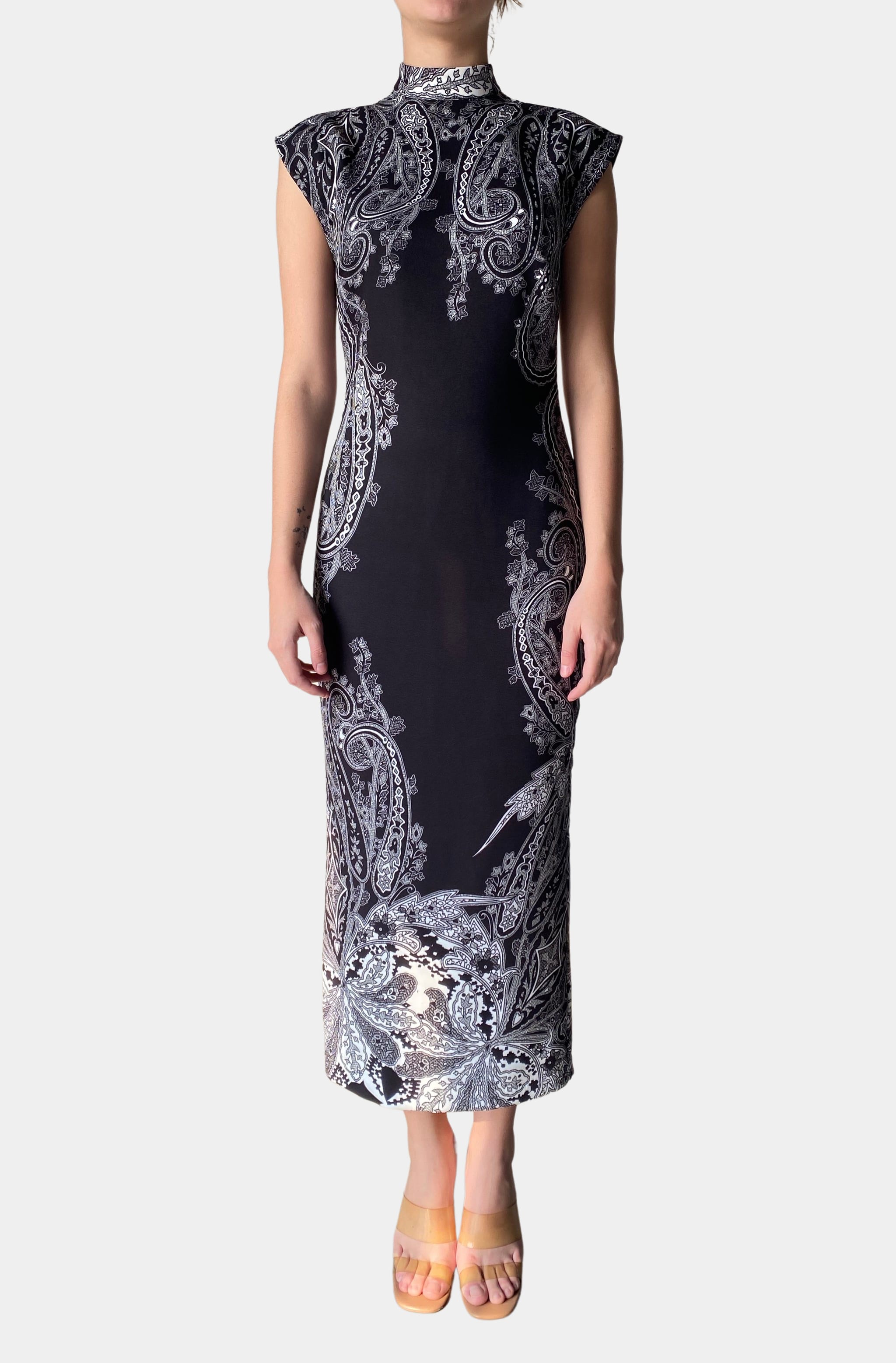 Viri Long Dress front view, elegant black with paisley print