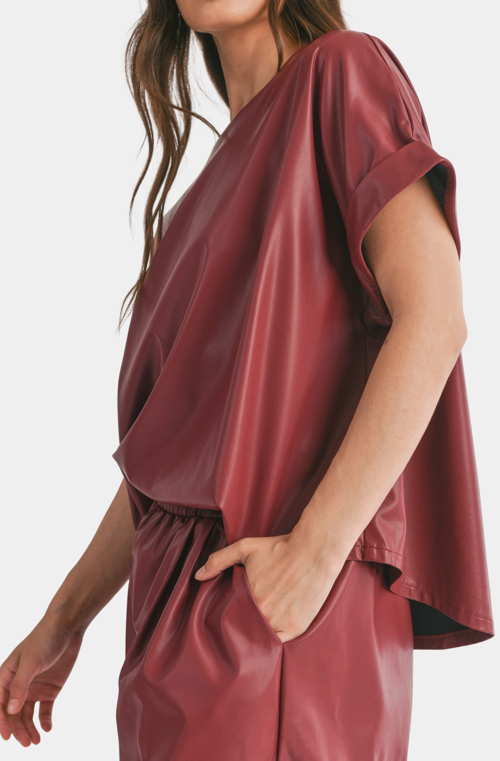 Close-up of Marianne Top in vegan leather with cuff sleeves