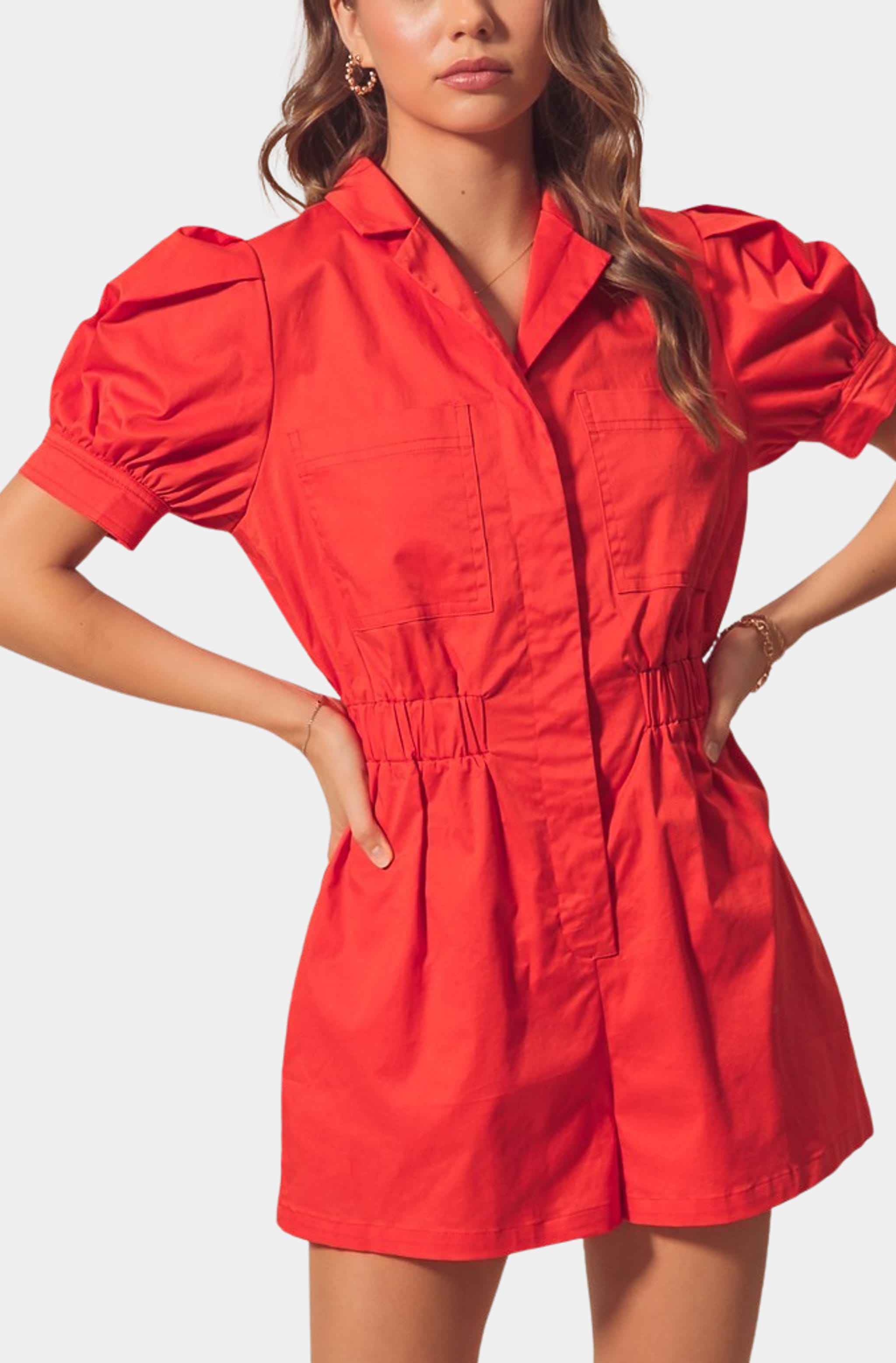 Red Harlow Romper with puff sleeves and cinched waist