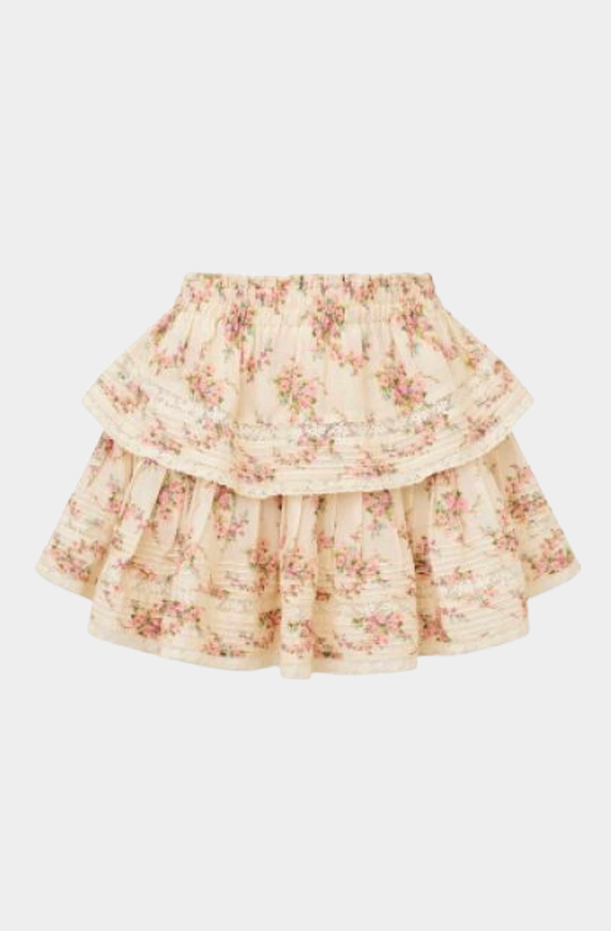 Floral ruffle mini skirt with layered design and elastic waist.