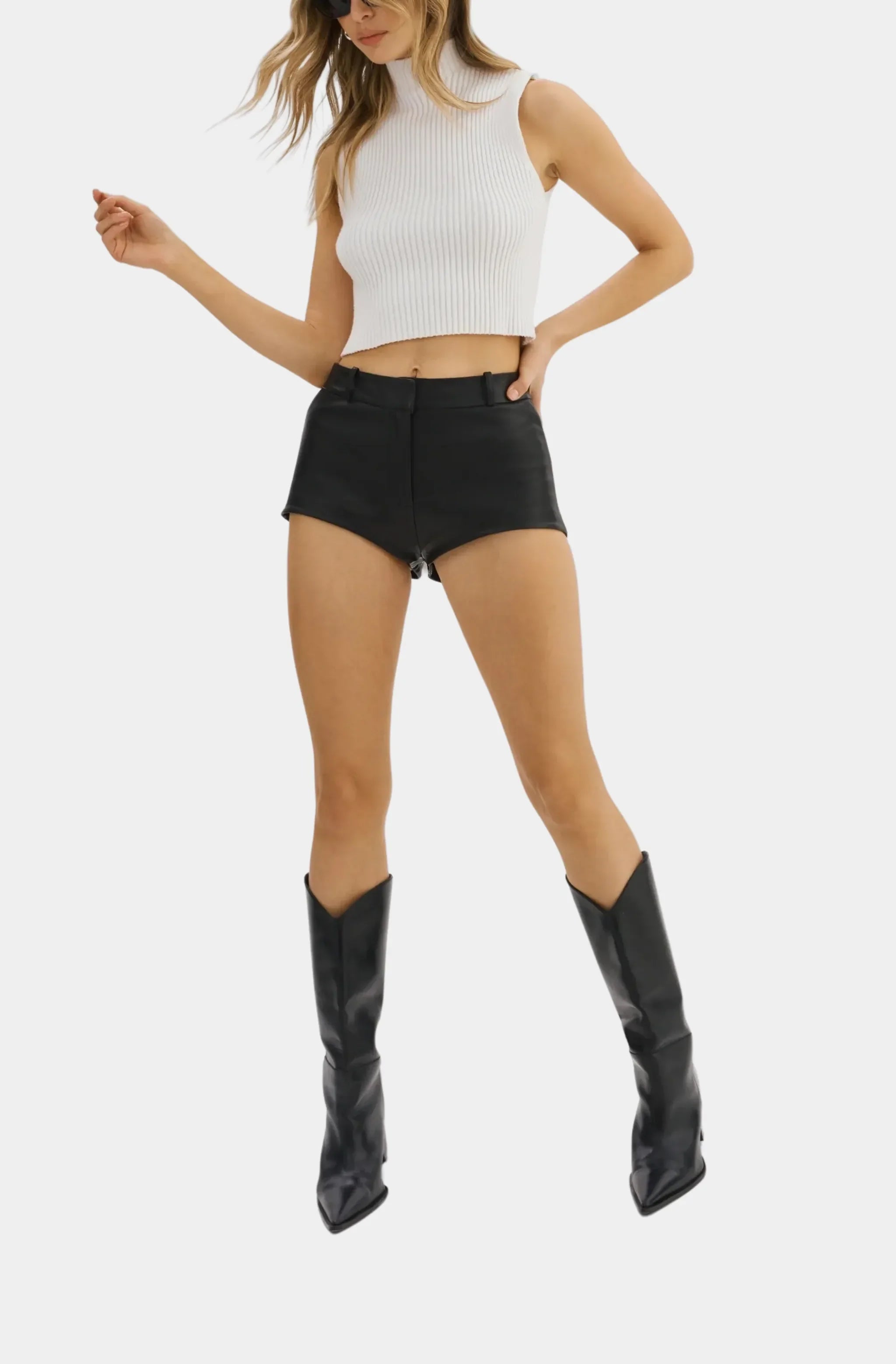 Annaise Leather Hot Shorts with white top and black boots