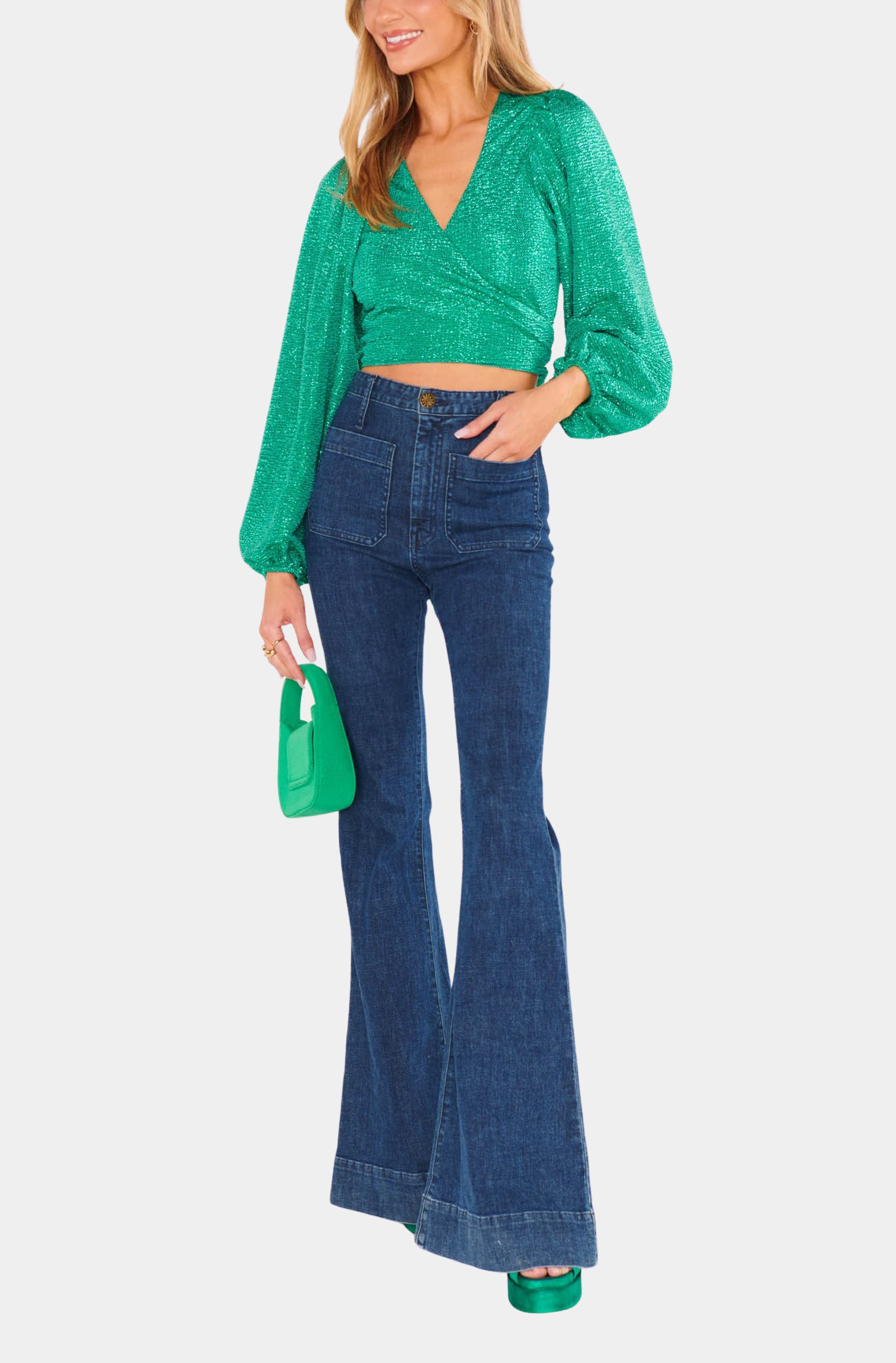 Joplin Top styled with flared jeans and green bag